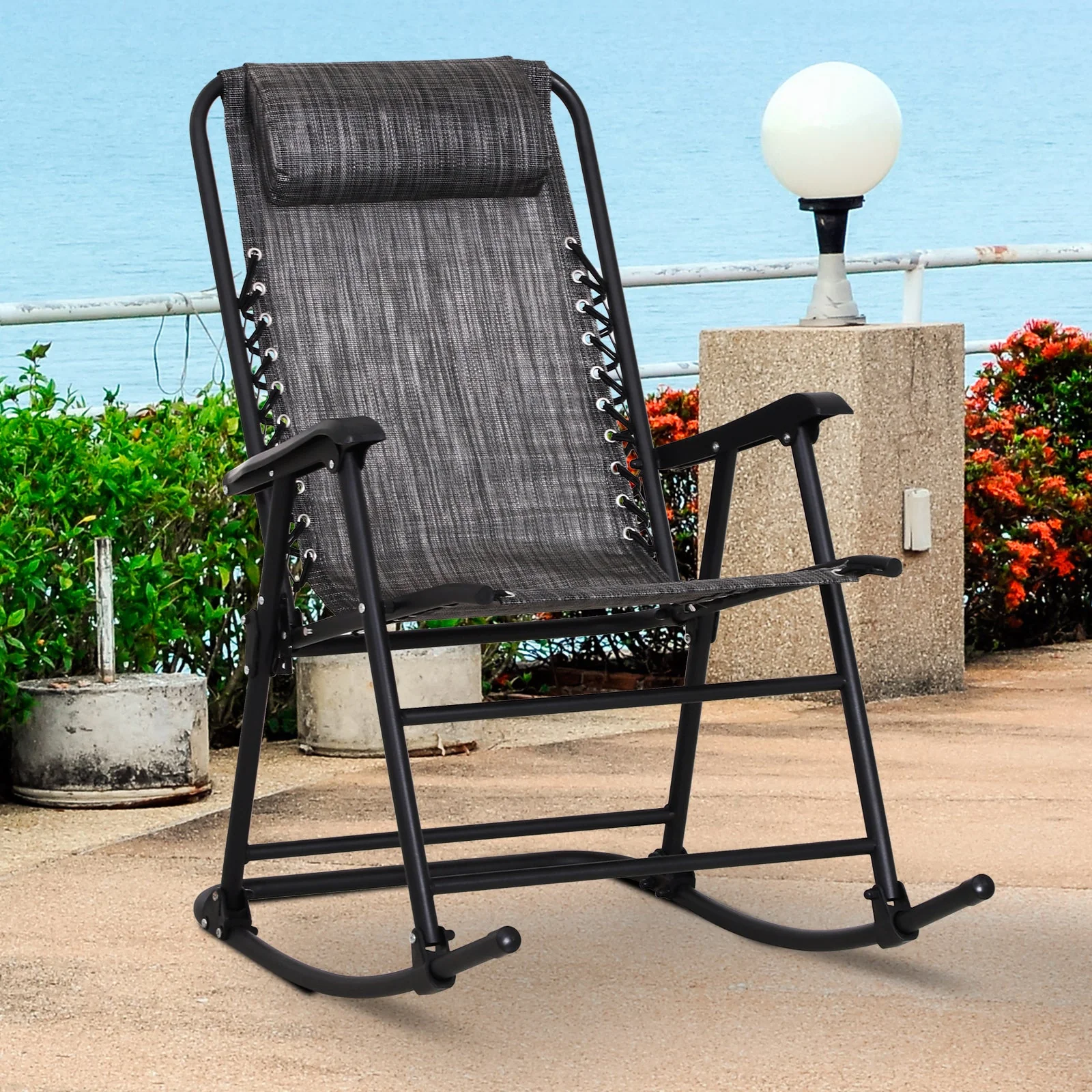 Folding Rocking Chair Zero Gravity W/ Headrest-Grey - Image 2