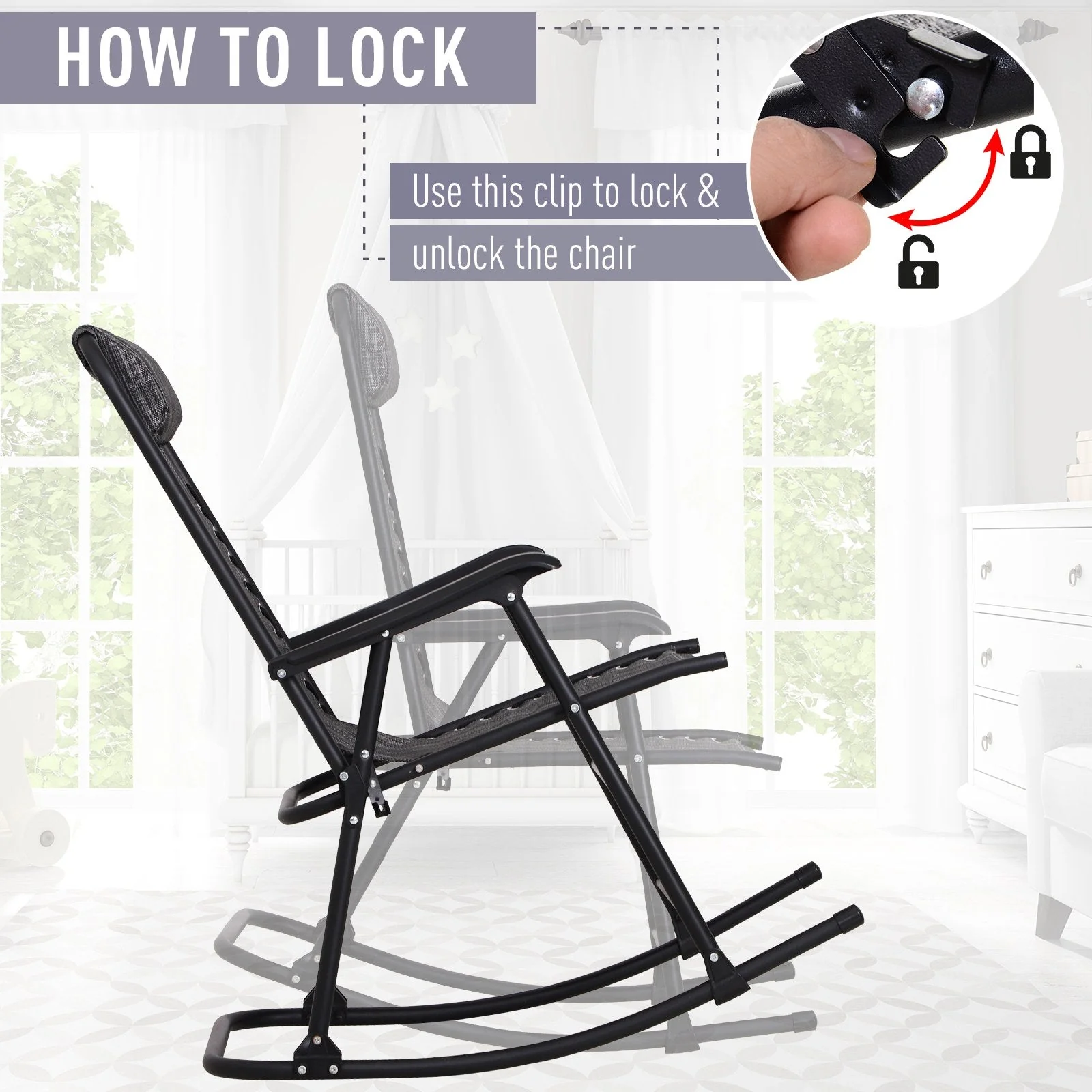 Folding Rocking Chair Zero Gravity W/ Headrest-Grey - Image 5