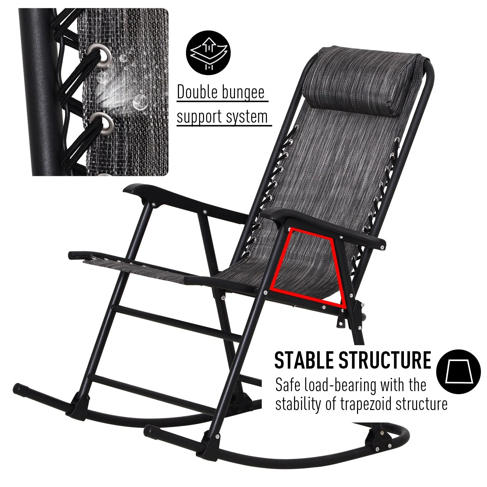 Folding Rocking Chair Zero Gravity W/ Headrest-Grey - Image 6