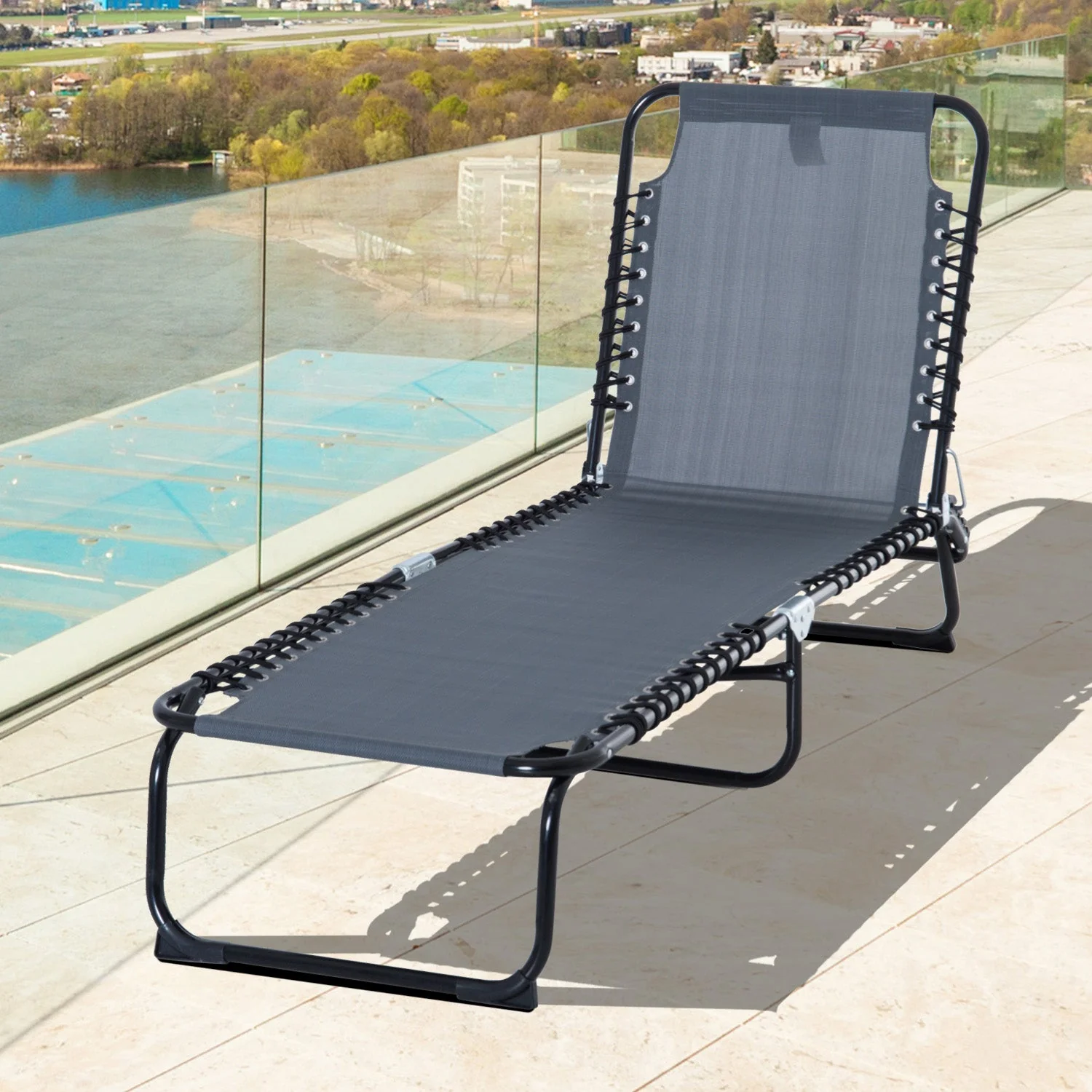 Folding Sun Lounger Beach Chaise Chair Garden Reclining Cot Camping Hiking Recliner with 4 Position Adjustable - Image 2