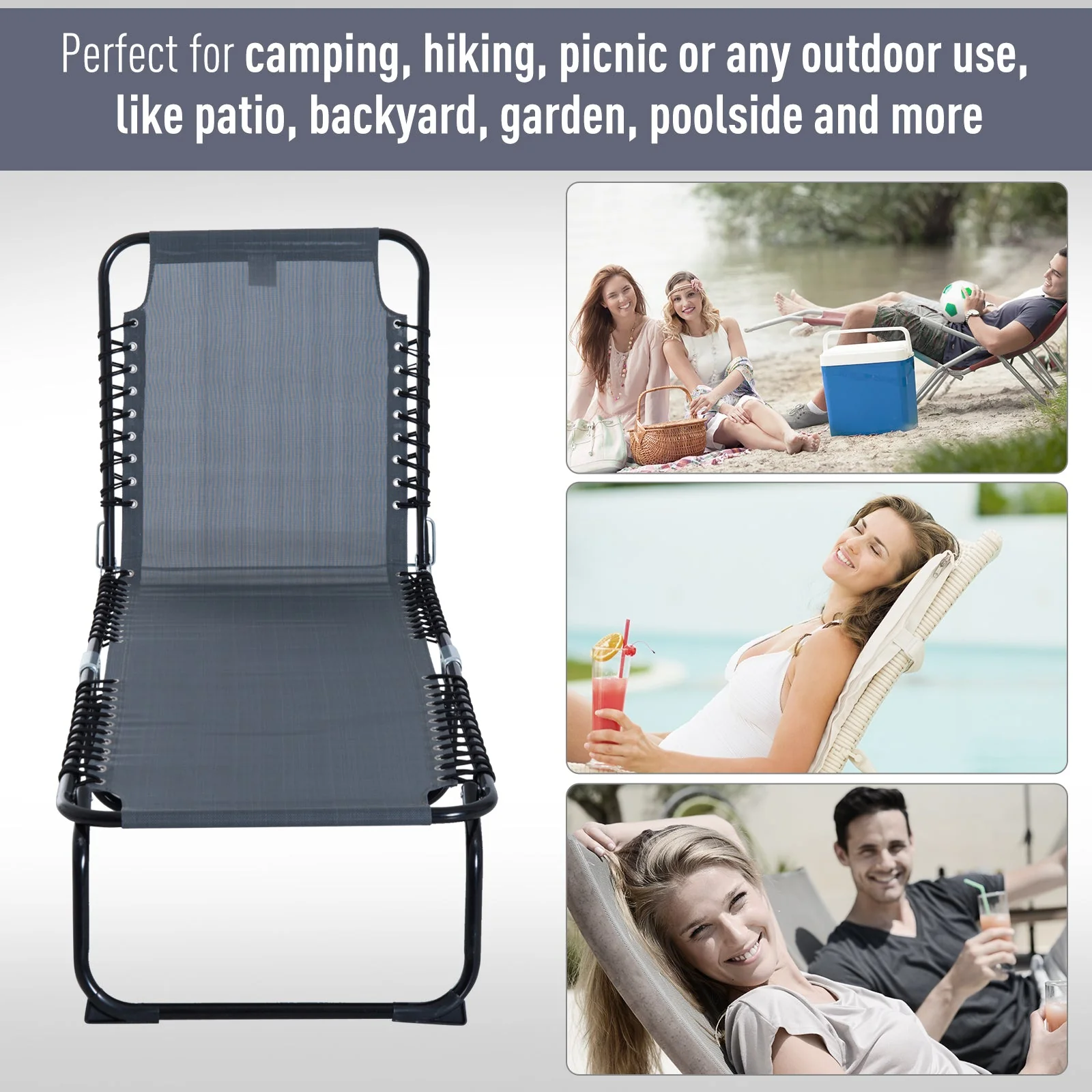 Folding Sun Lounger Beach Chaise Chair Garden Reclining Cot Camping Hiking Recliner with 4 Position Adjustable - Image 7