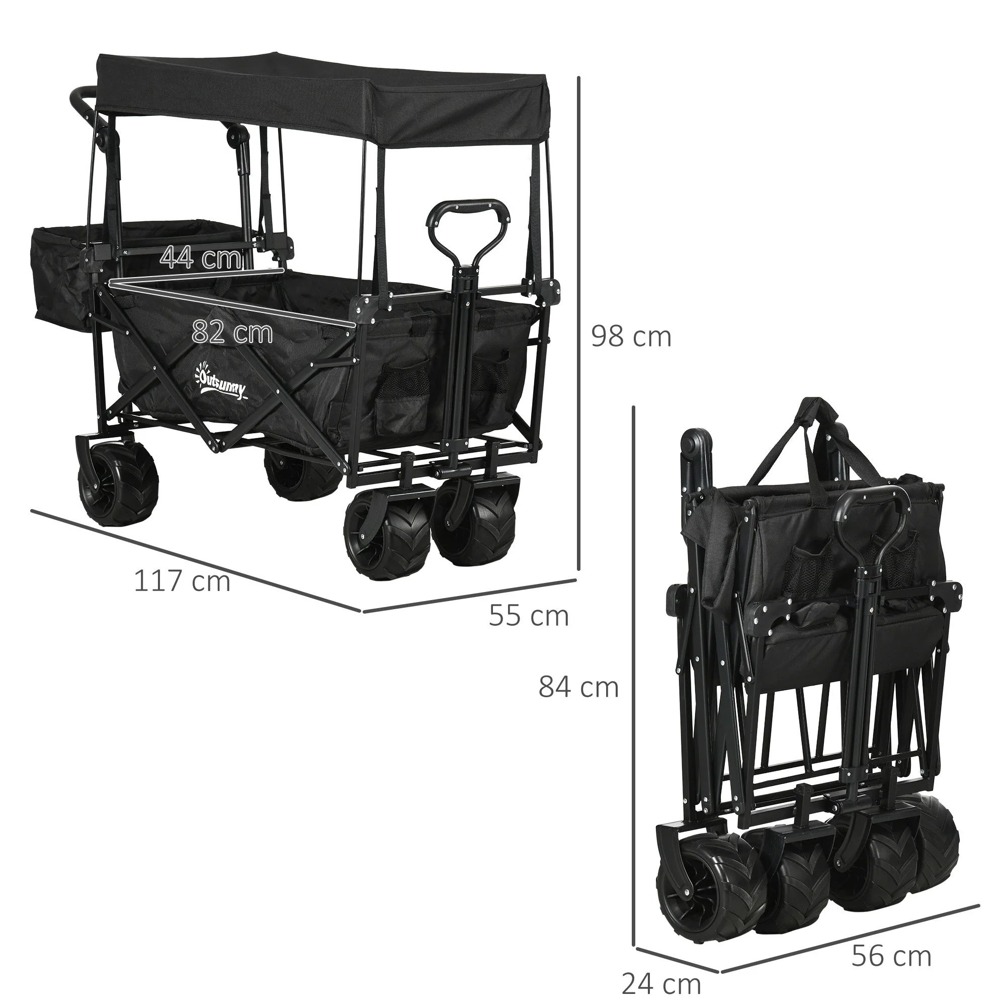 Folding Trolley Cart Storage Wagon Beach Trailer 4 Wheels with Handle Overhead Canopy Cart Push Pull for Camping - Image 2