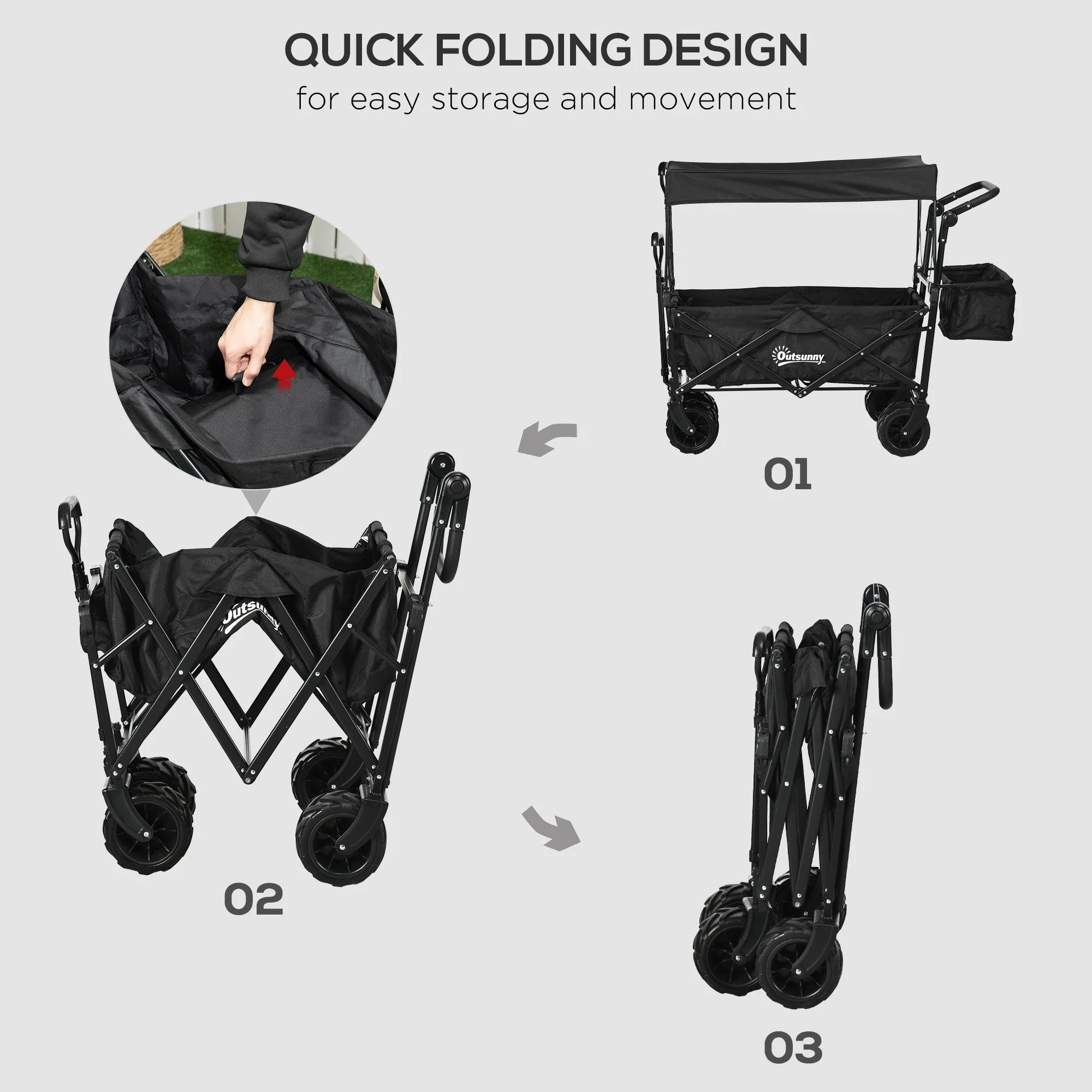 Folding Trolley Cart Storage Wagon Beach Trailer 4 Wheels with Handle Overhead Canopy Cart Push Pull for Camping - Image 3