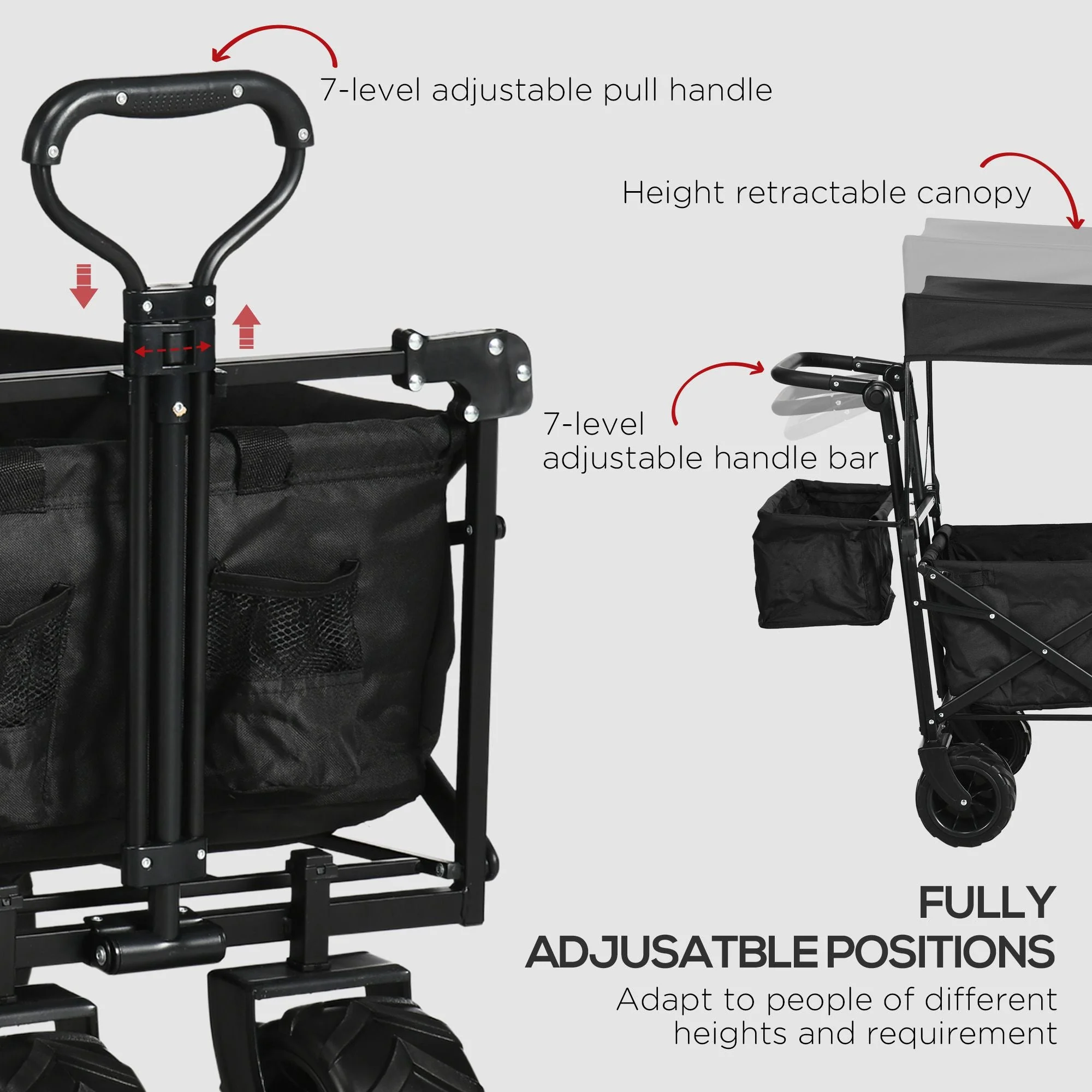 Folding Trolley Cart Storage Wagon Beach Trailer 4 Wheels with Handle Overhead Canopy Cart Push Pull for Camping - Image 4