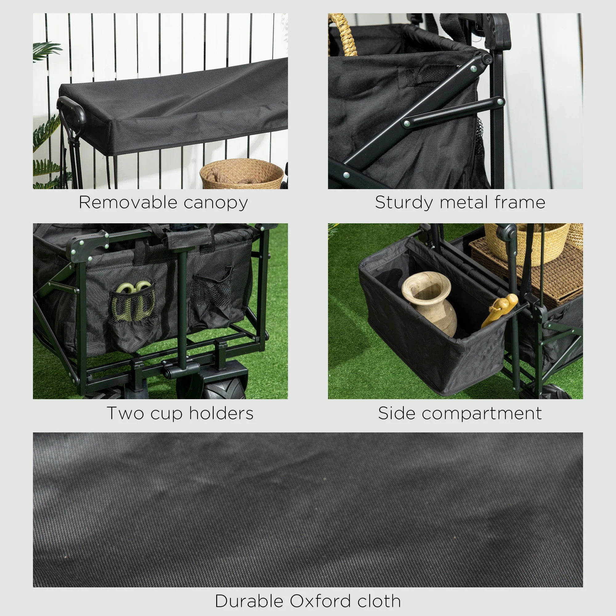 Folding Trolley Cart Storage Wagon Beach Trailer 4 Wheels with Handle Overhead Canopy Cart Push Pull for Camping - Image 6