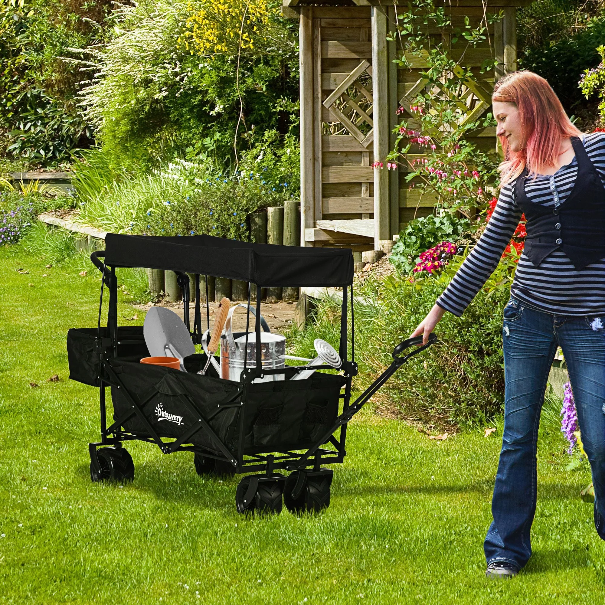 Folding Trolley Cart Storage Wagon Beach Trailer 4 Wheels with Handle Overhead Canopy Cart Push Pull for Camping - Image 7