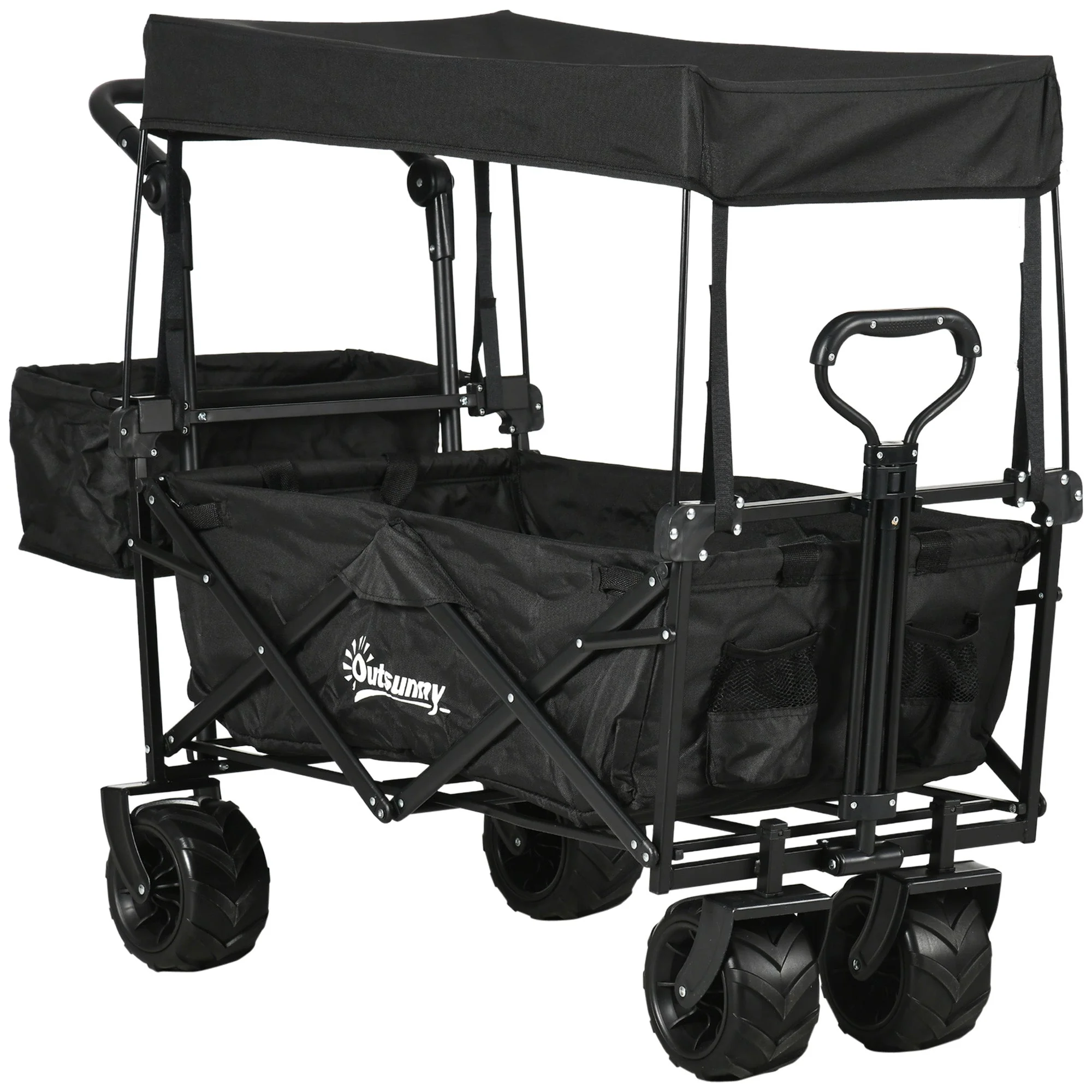Folding Trolley Cart Storage Wagon Beach Trailer 4 Wheels with Handle Overhead Canopy Cart Push Pull for Camping - Image 8