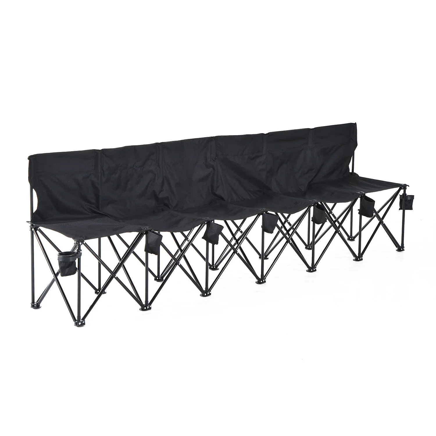 Football 6 Seater Folding Sports Bench Outdoor Picnic Camping Portable Spectator Chair Steel Frame w/ Cup Holder & Carry Bag - Black - Image 2