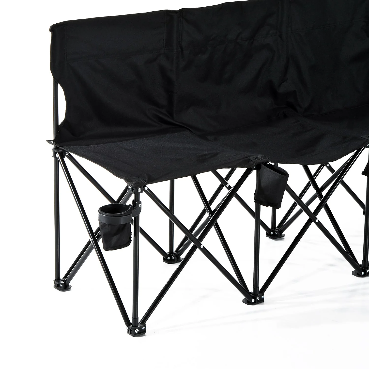 Football 6 Seater Folding Sports Bench Outdoor Picnic Camping Portable Spectator Chair Steel Frame w/ Cup Holder & Carry Bag - Black - Image 5
