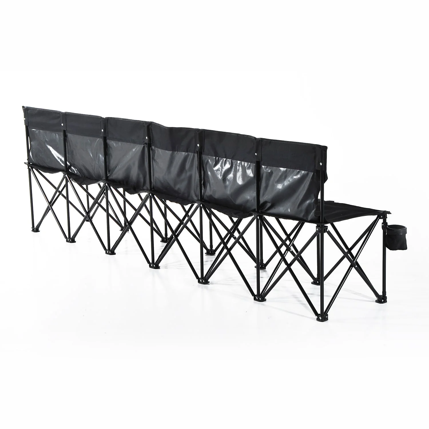 Football 6 Seater Folding Sports Bench Outdoor Picnic Camping Portable Spectator Chair Steel Frame w/ Cup Holder & Carry Bag - Black - Image 6