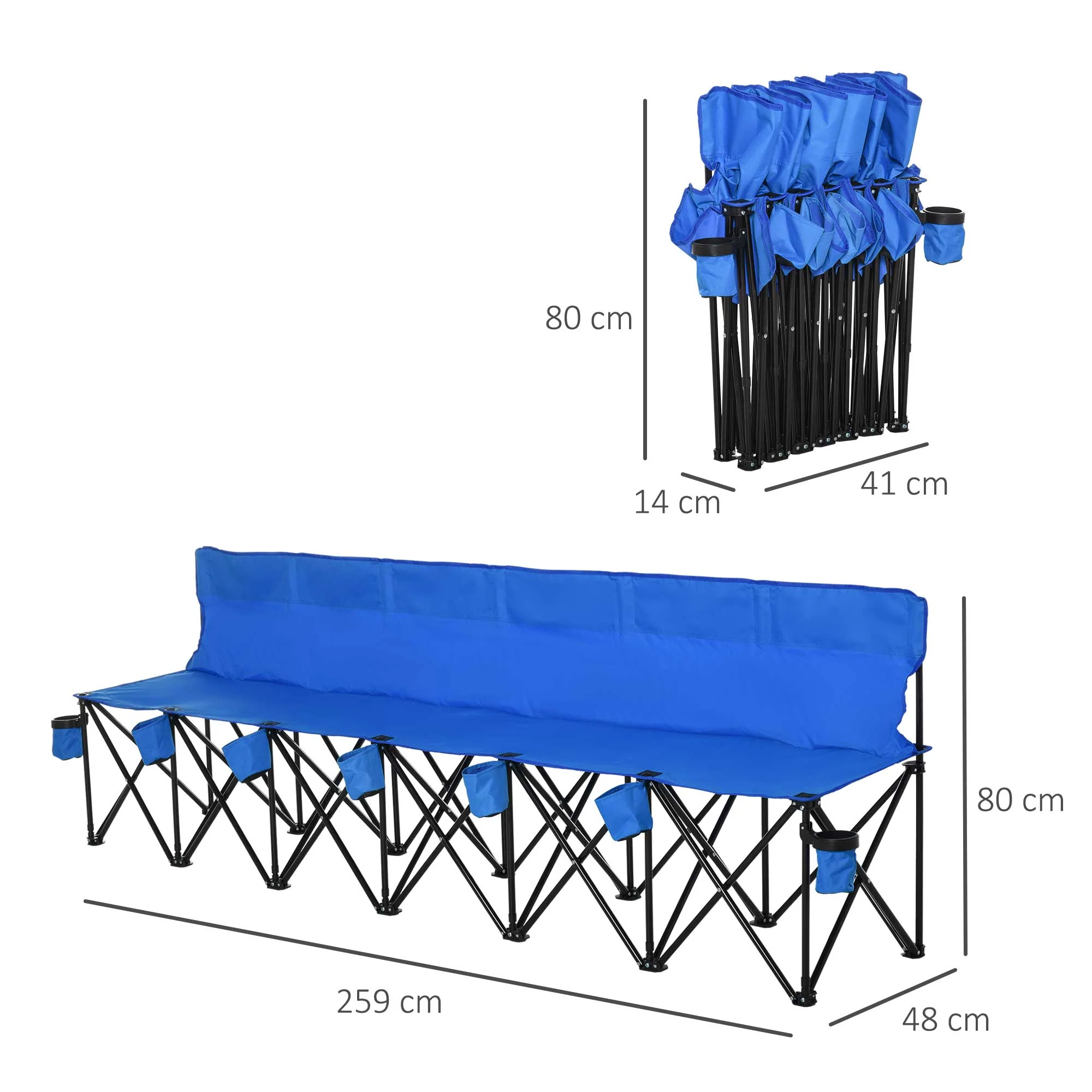 Football 6 Seater Folding Sports Bench Outdoor Picnic Camping Portable Spectator Chair Steel Frame w/ Cup Holder & Carry Bag - Blue - Image 3