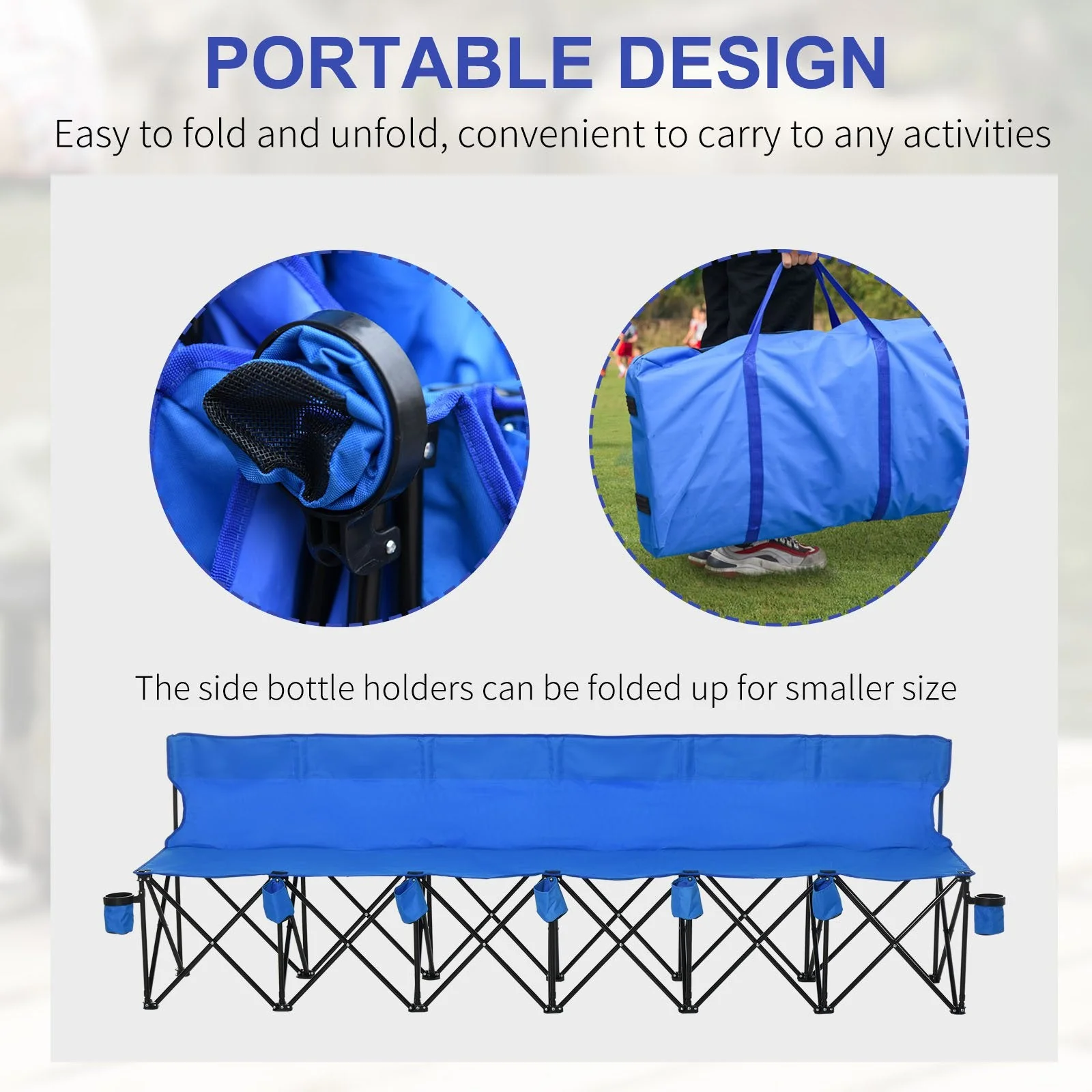 Football 6 Seater Folding Sports Bench Outdoor Picnic Camping Portable Spectator Chair Steel Frame w/ Cup Holder & Carry Bag - Blue - Image 5
