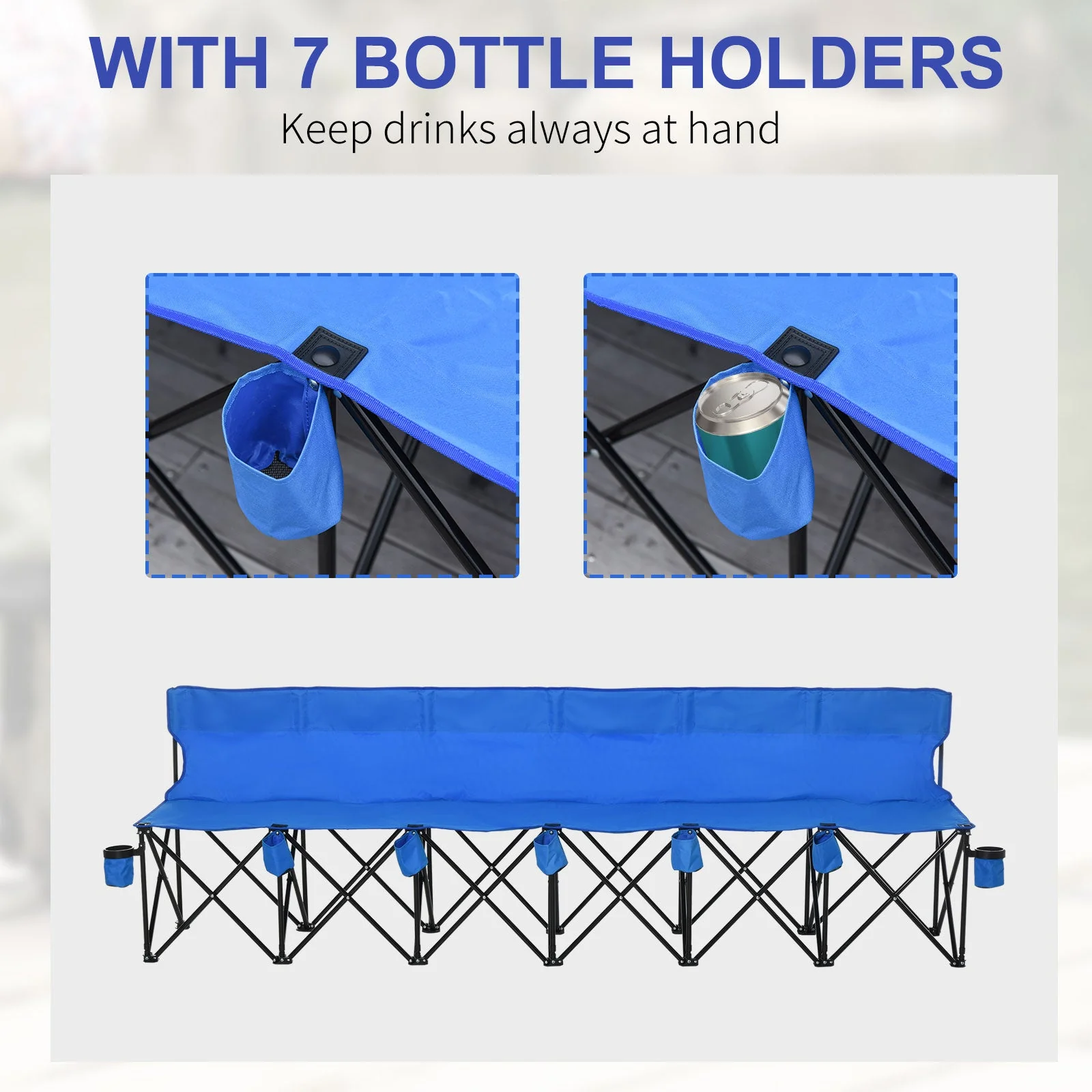 Football 6 Seater Folding Sports Bench Outdoor Picnic Camping Portable Spectator Chair Steel Frame w/ Cup Holder & Carry Bag - Blue - Image 6