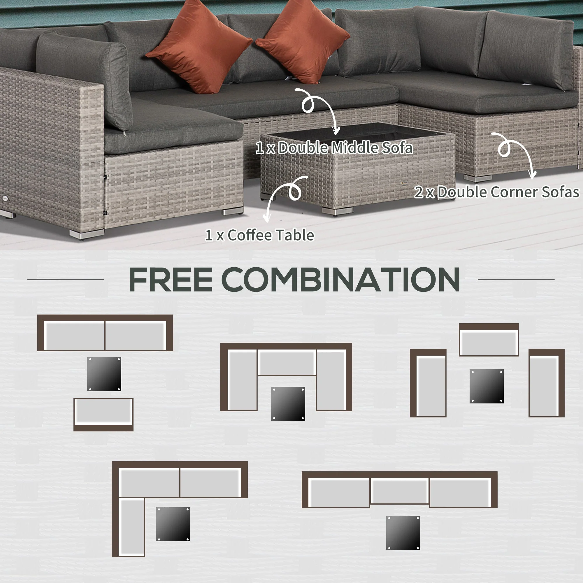 Four-Piece Half-Square Rattan Sofa Set - Mixed Grey - Image 7