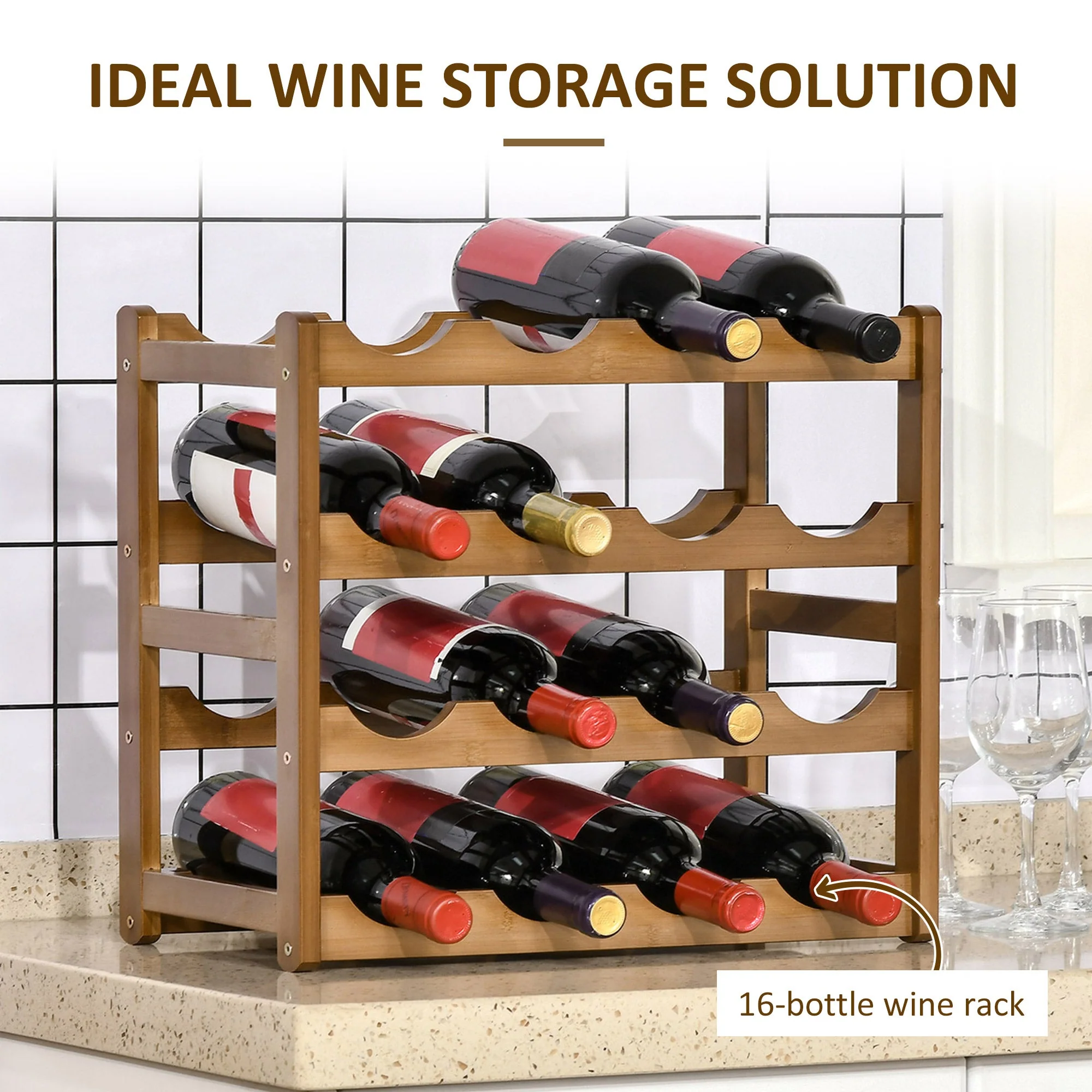 Free Standing Bamboo Wine Rack with 16 Bottles Holder - Image 5