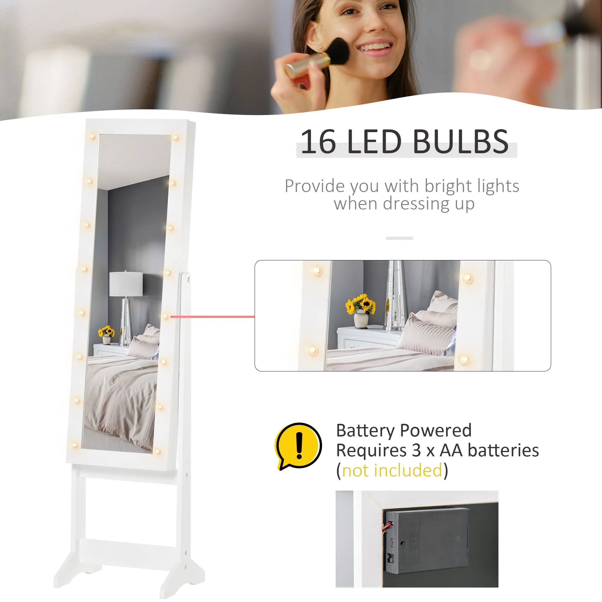 Free Standing LED Mirrored Jewelry Cabinet Armoire Floor Organiser W/ 3 Angle Adjustable For Rings Earrings Bracelets Cosmetics Warm White - Image 4