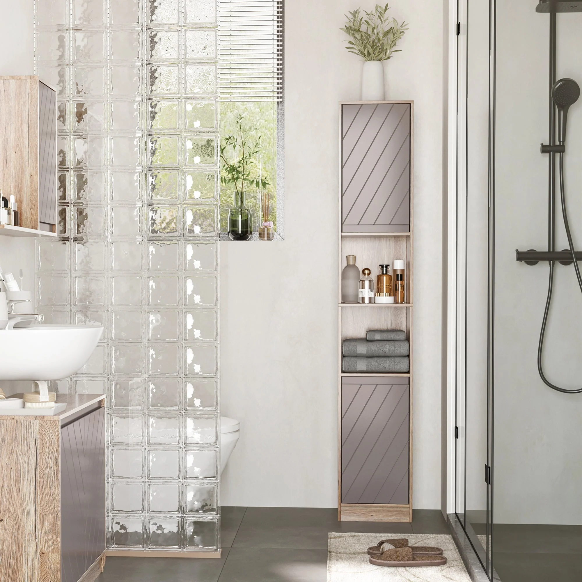 Freestanding Bathroom Storage Cabinet w/ 2 Cupboards 2 Compartments Home Organisation Anti-Tipping Elevated Base 30L x 24W x 170H cm Grey&Brown - Image 2