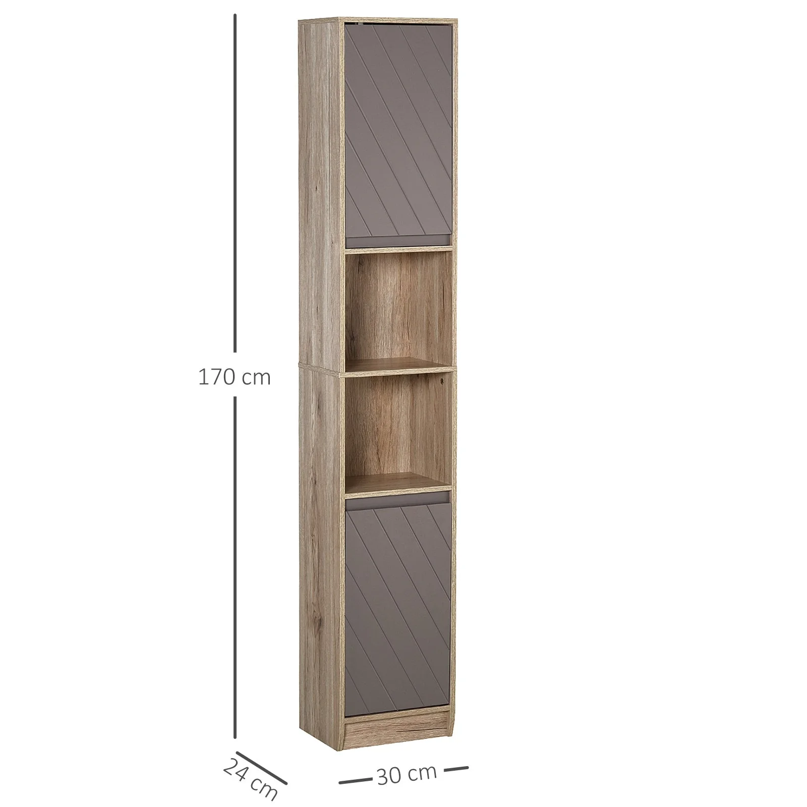 Freestanding Bathroom Storage Cabinet w/ 2 Cupboards 2 Compartments Home Organisation Anti-Tipping Elevated Base 30L x 24W x 170H cm Grey&Brown - Image 3