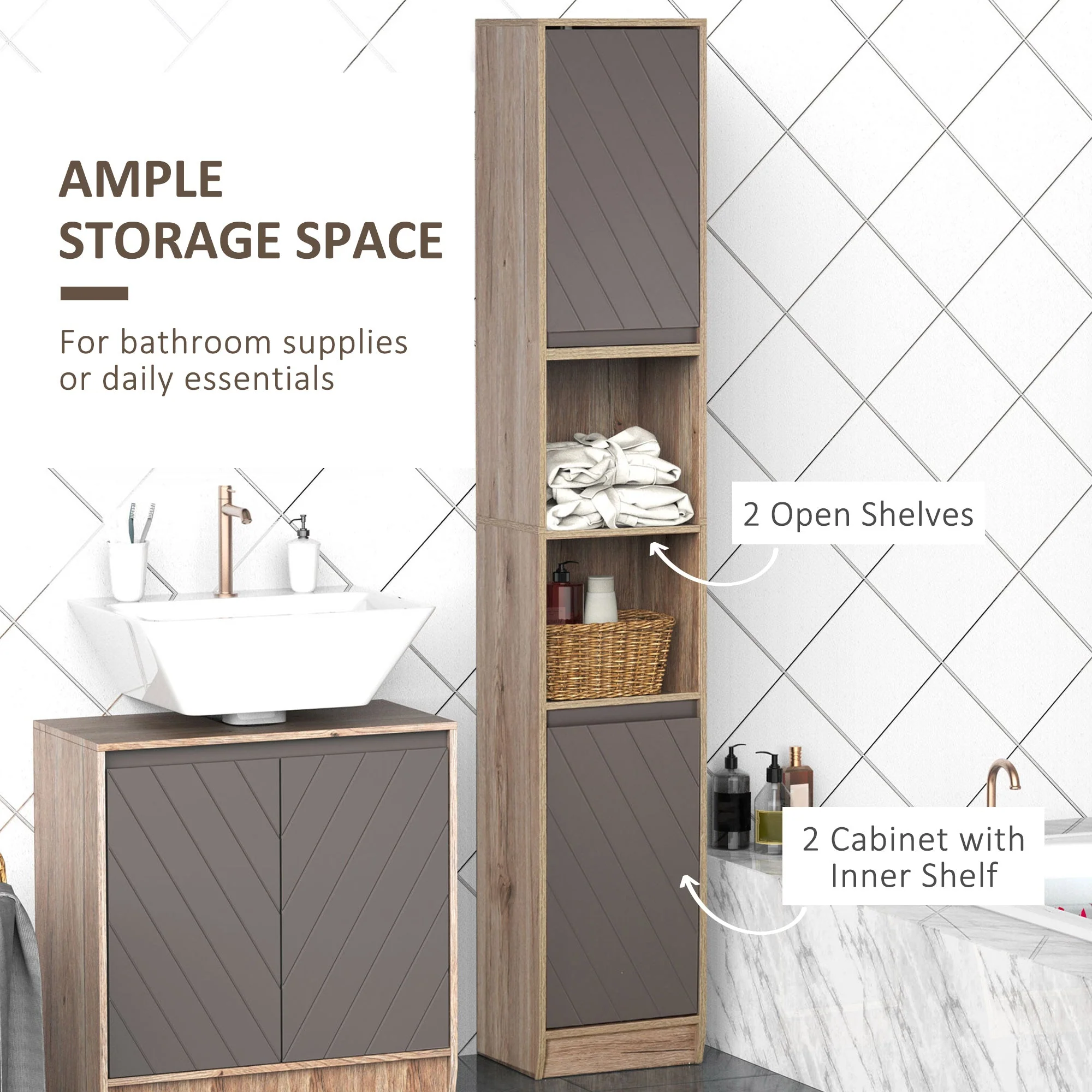 Freestanding Bathroom Storage Cabinet w/ 2 Cupboards 2 Compartments Home Organisation Anti-Tipping Elevated Base 30L x 24W x 170H cm Grey&Brown - Image 4