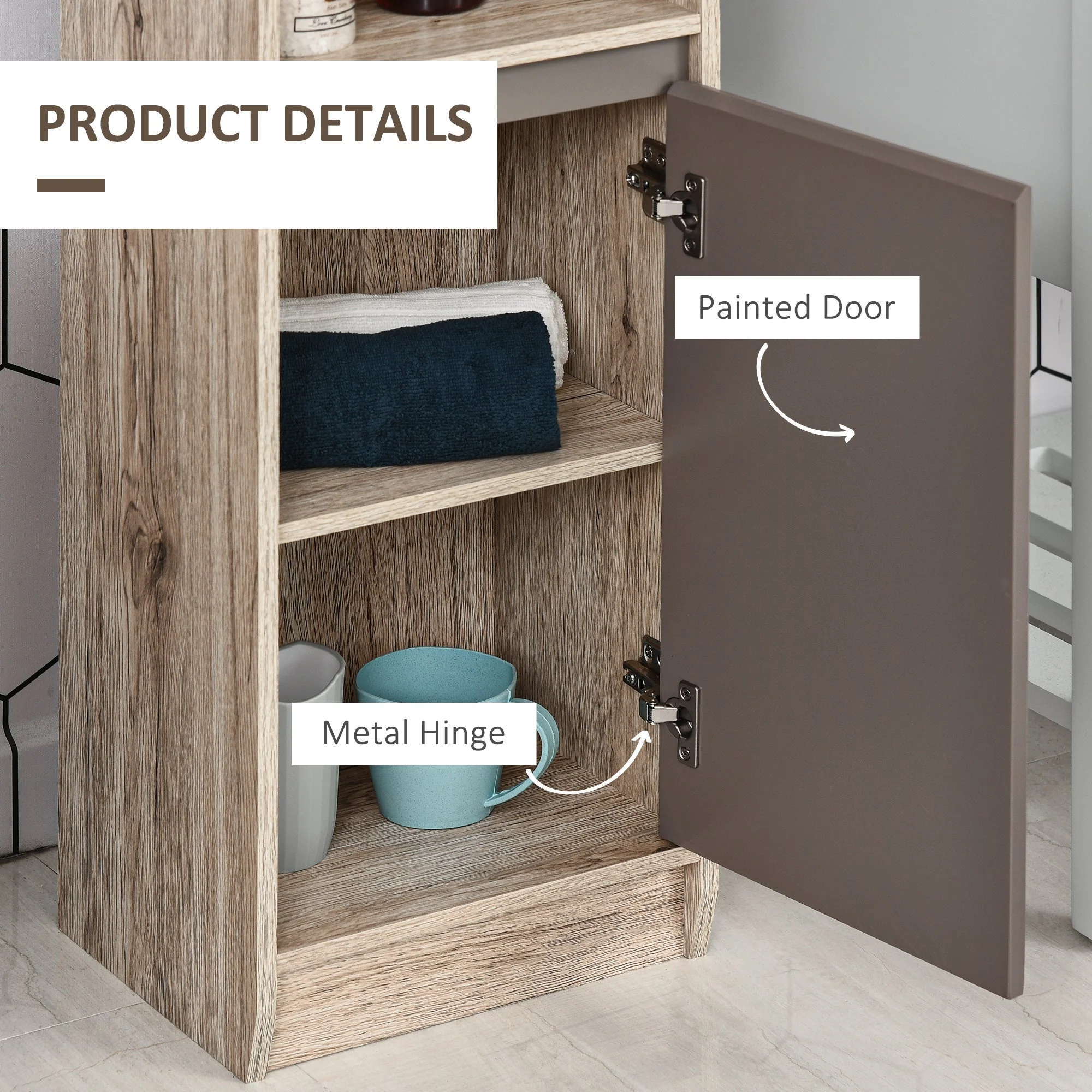 Freestanding Bathroom Storage Cabinet w/ 2 Cupboards 2 Compartments Home Organisation Anti-Tipping Elevated Base 30L x 24W x 170H cm Grey&Brown - Image 5