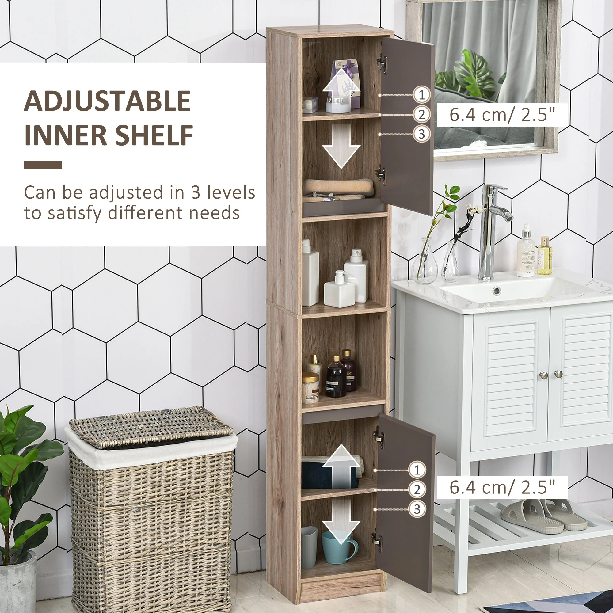 Freestanding Bathroom Storage Cabinet w/ 2 Cupboards 2 Compartments Home Organisation Anti-Tipping Elevated Base 30L x 24W x 170H cm Grey&Brown - Image 6