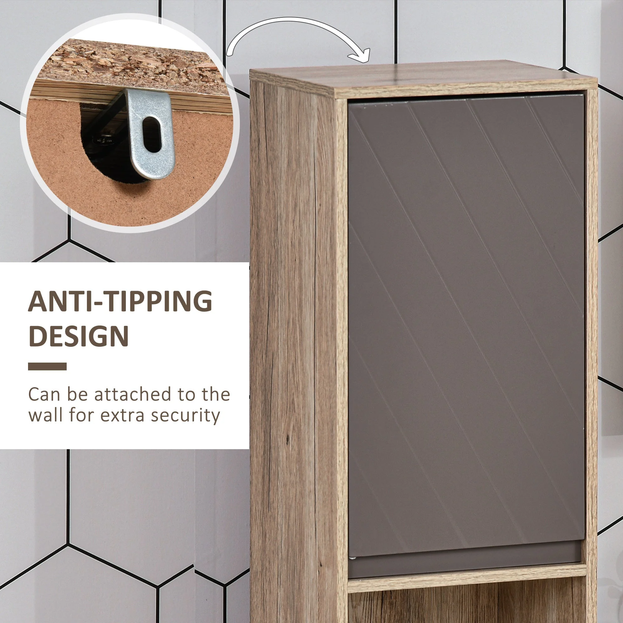 Freestanding Bathroom Storage Cabinet w/ 2 Cupboards 2 Compartments Home Organisation Anti-Tipping Elevated Base 30L x 24W x 170H cm Grey&Brown - Image 7