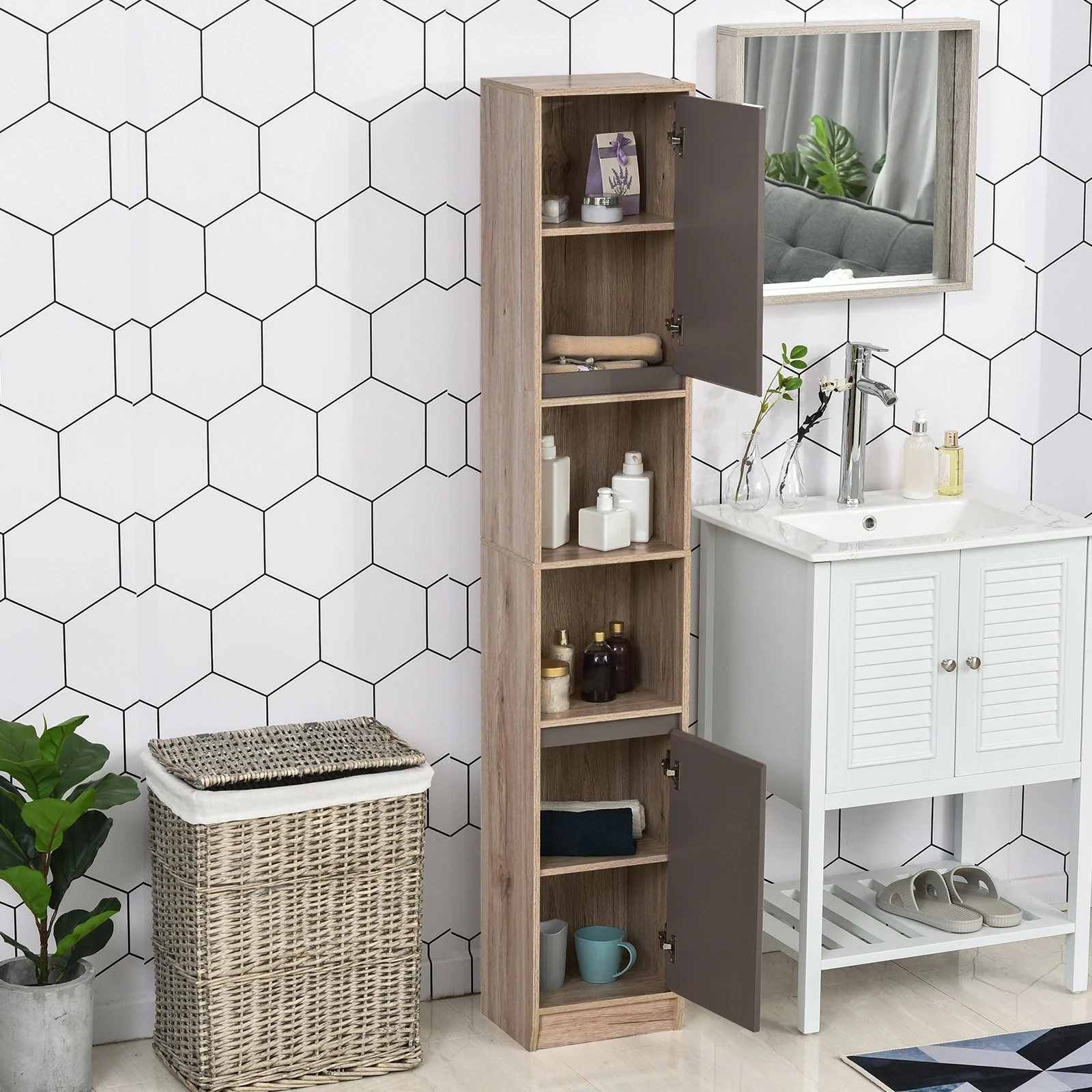 Freestanding Bathroom Storage Cabinet w/ 2 Cupboards 2 Compartments Home Organisation Anti-Tipping Elevated Base 30L x 24W x 170H cm Grey&Brown - Image 8
