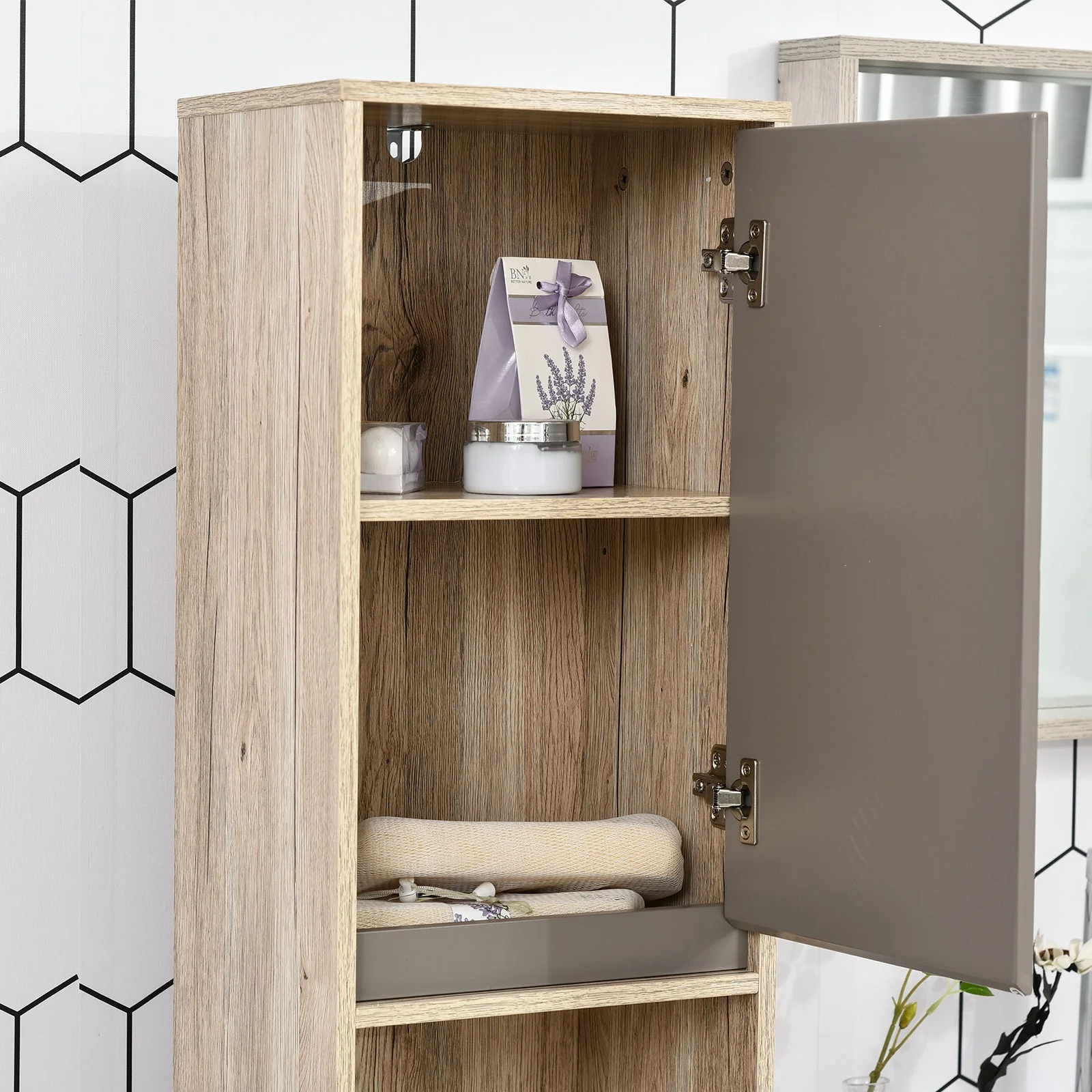 Freestanding Bathroom Storage Cabinet w/ 2 Cupboards 2 Compartments Home Organisation Anti-Tipping Elevated Base 30L x 24W x 170H cm Grey&Brown - Image 9