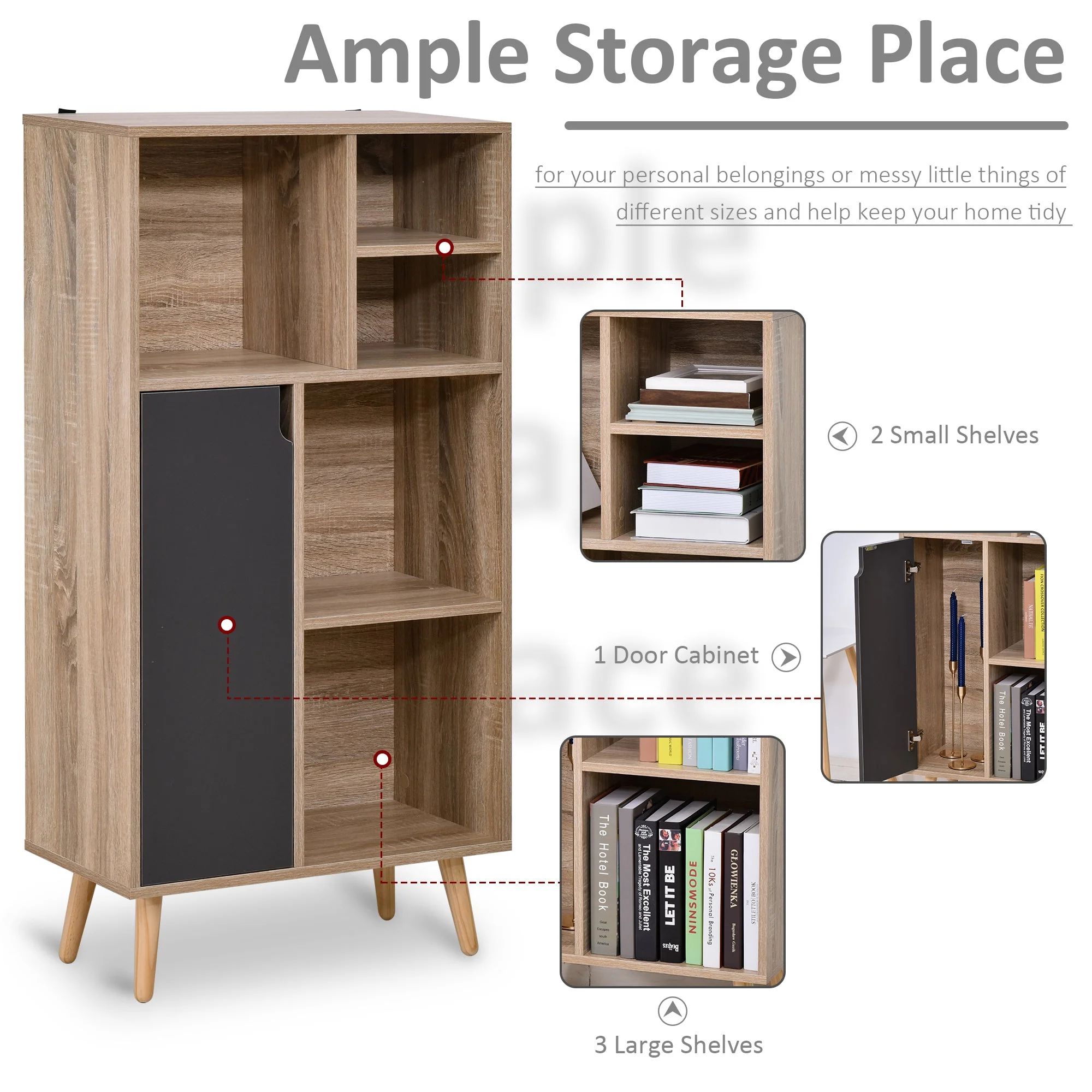 Freestanding Bookshelf Living Room Bookcase Storage Cabinet with 5 Shelves and Door Cupboard for Home Office - Image 4