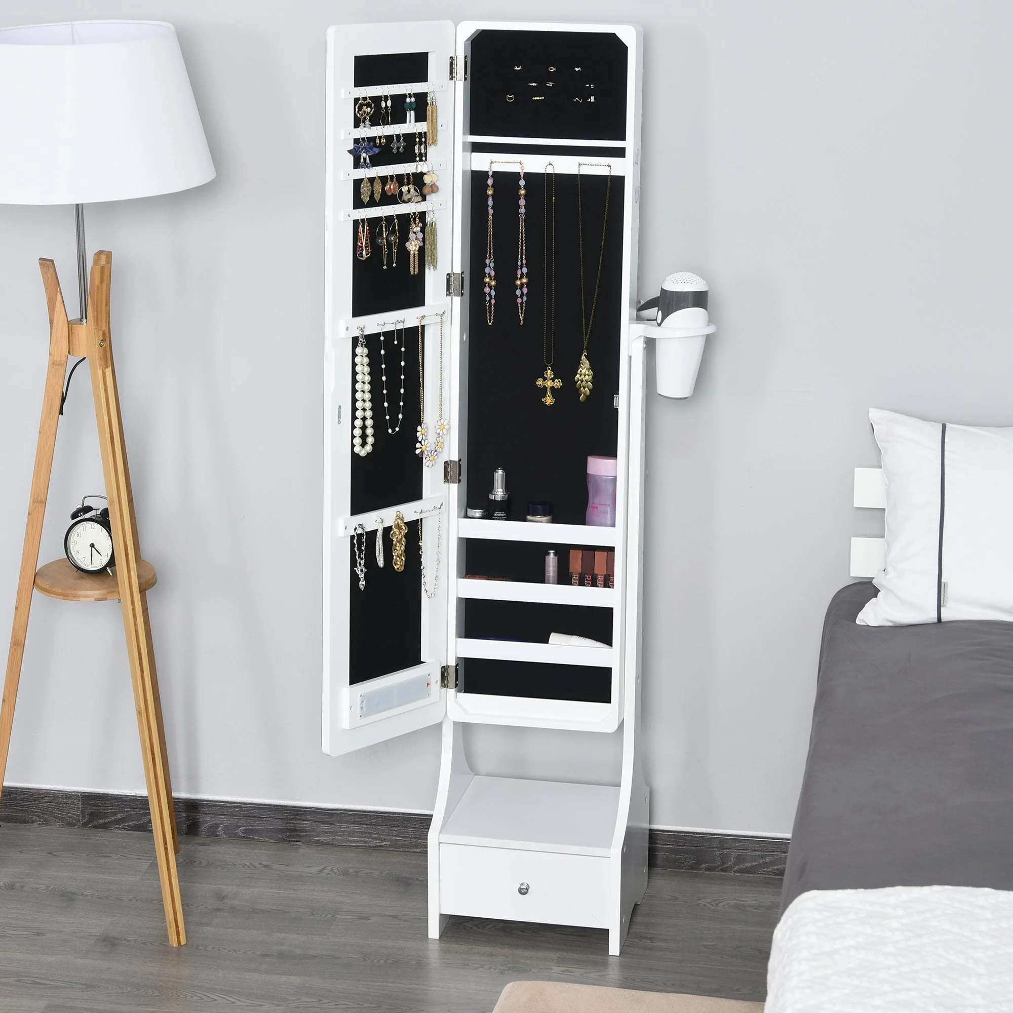 Freestanding Jewellery Cabinet Storage Mirror Armoire w/ LED Lights Hooks Drawer Hairdryer Holder Vanity Cabinet Adjustable Home Bedroom Furnishing White - Image 2