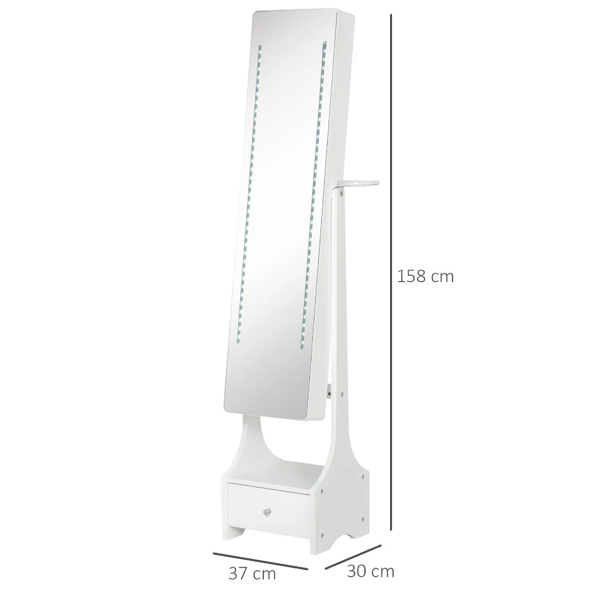 Freestanding Jewellery Cabinet Storage Mirror Armoire w/ LED Lights Hooks Drawer Hairdryer Holder Vanity Cabinet Adjustable Home Bedroom Furnishing White - Image 3