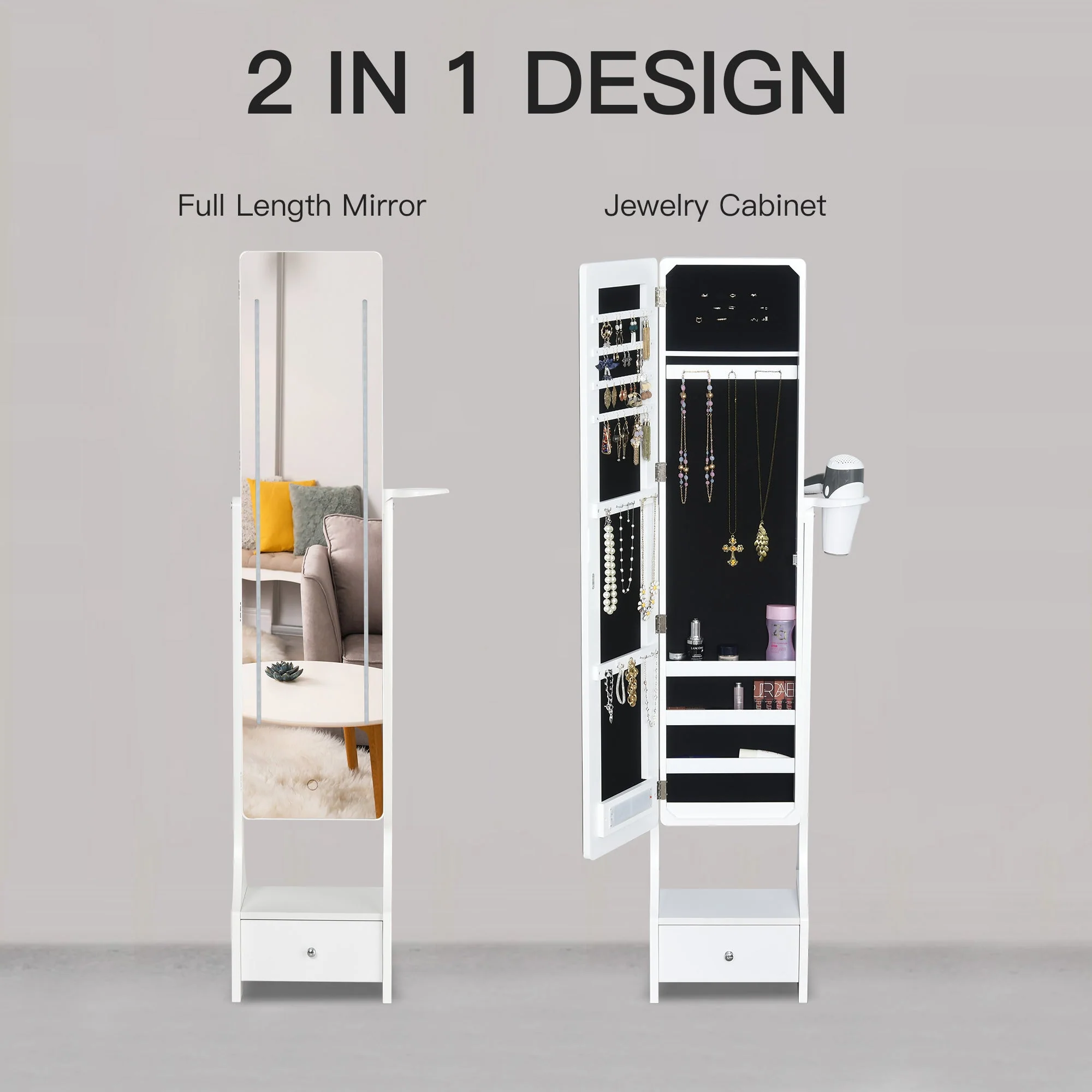 Freestanding Jewellery Cabinet Storage Mirror Armoire w/ LED Lights Hooks Drawer Hairdryer Holder Vanity Cabinet Adjustable Home Bedroom Furnishing White - Image 4