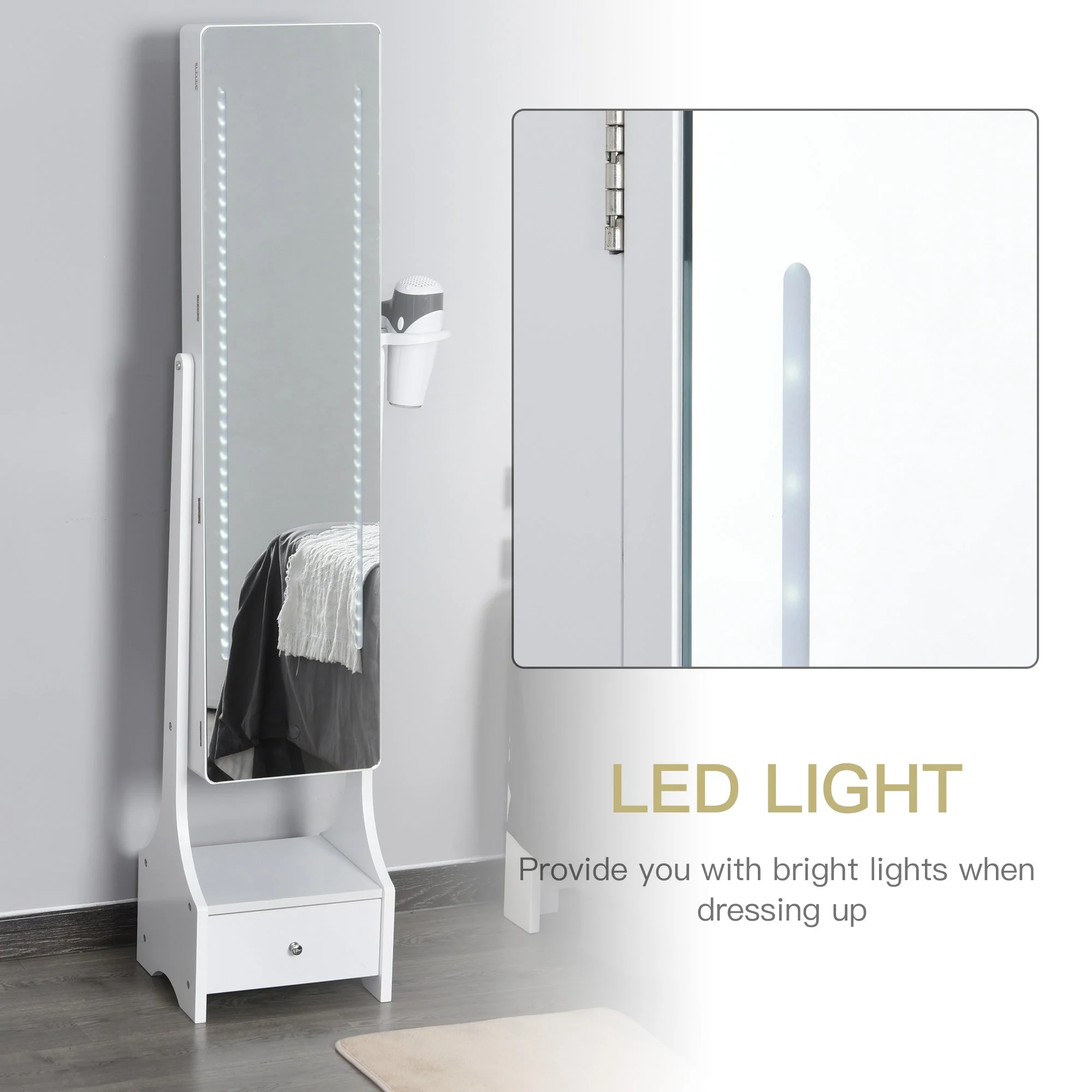 Freestanding Jewellery Cabinet Storage Mirror Armoire w/ LED Lights Hooks Drawer Hairdryer Holder Vanity Cabinet Adjustable Home Bedroom Furnishing White - Image 6