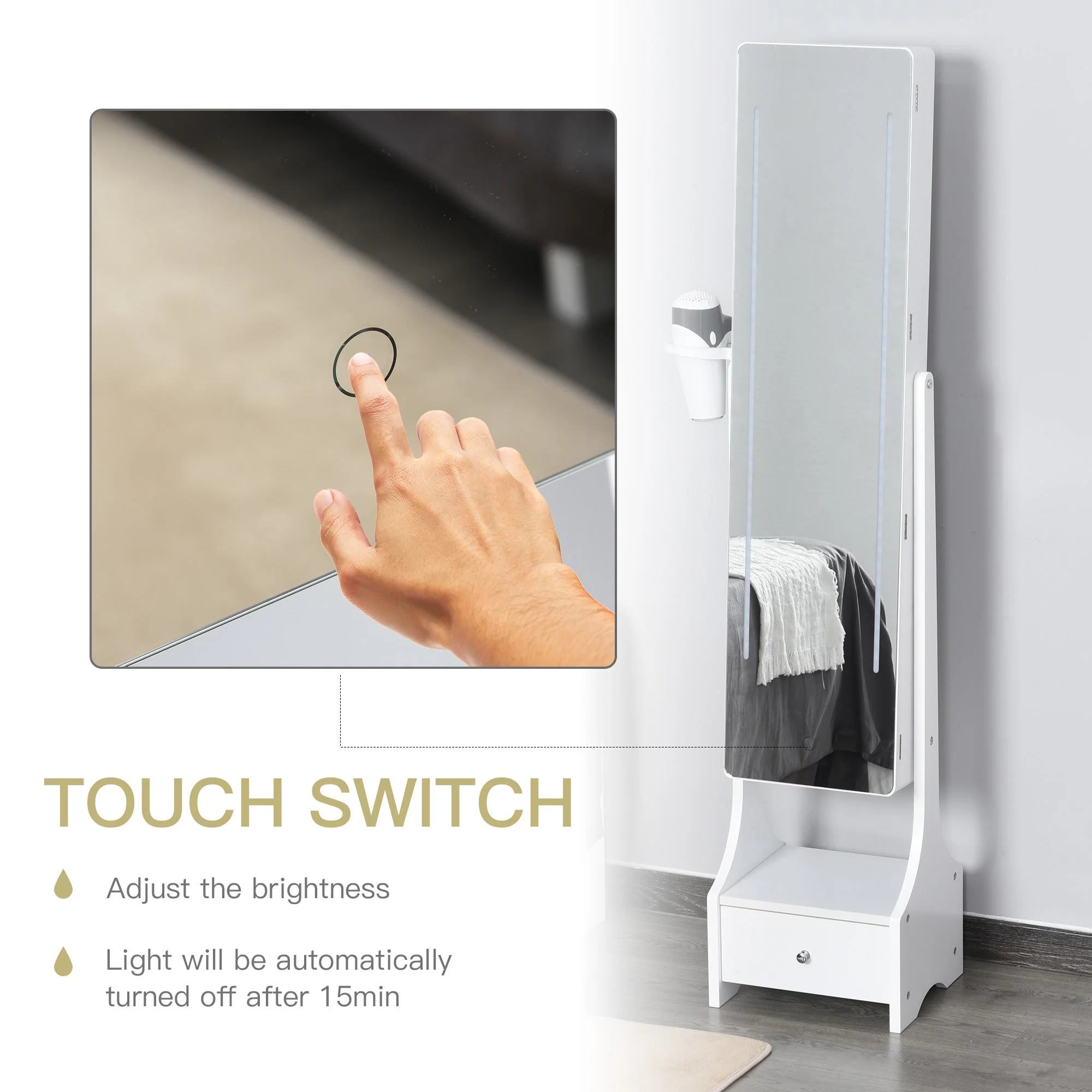 Freestanding Jewellery Cabinet Storage Mirror Armoire w/ LED Lights Hooks Drawer Hairdryer Holder Vanity Cabinet Adjustable Home Bedroom Furnishing White - Image 7