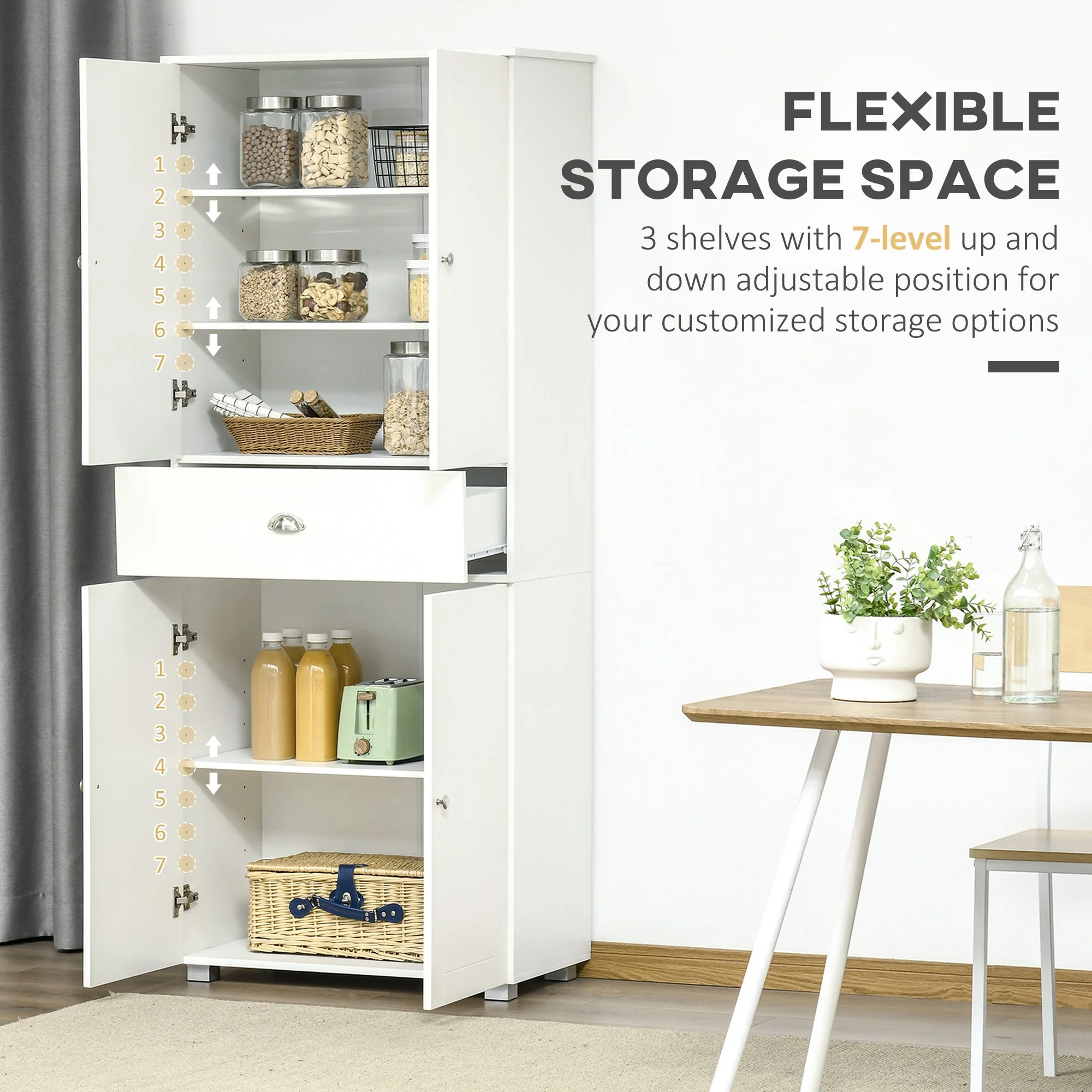 Freestanding Tall Kitchen Cupboard Storage Cabinets with Drawer and 3 Adjustable Shelves for Dining Room - Image 4