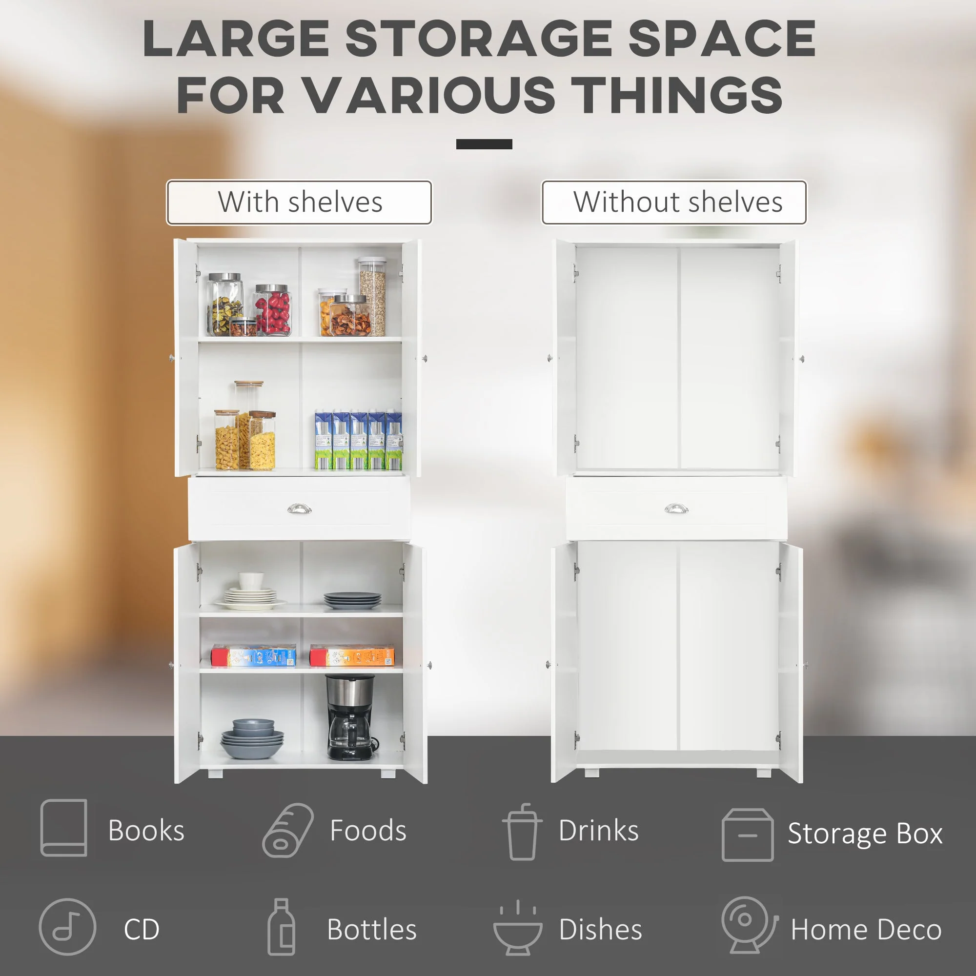 Freestanding Tall Kitchen Cupboard Storage Cabinets with Drawer and 3 Adjustable Shelves for Dining Room - Image 6