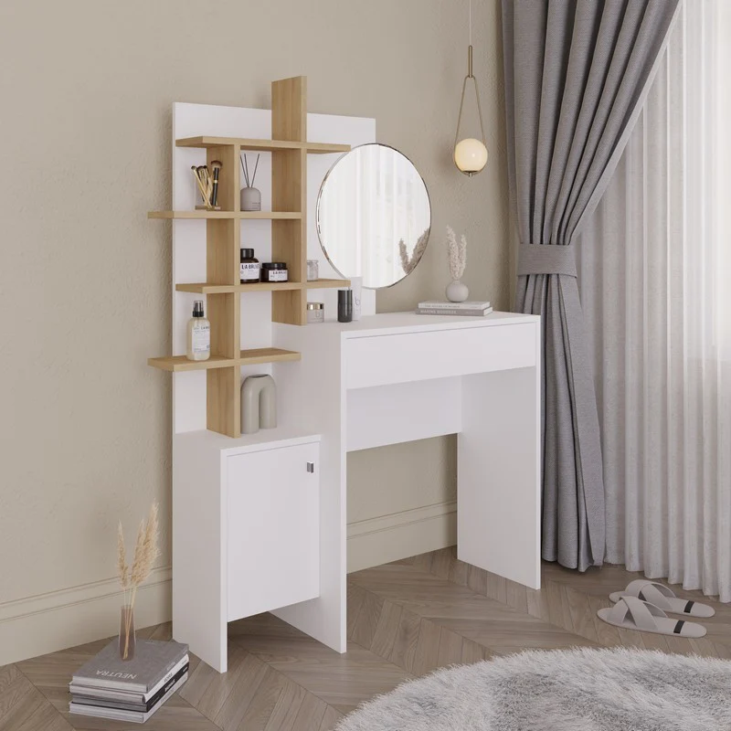 Freyja Tall Dressing Table Natural & White 1 Door 5 Shelves 1 Drawer - Image 2