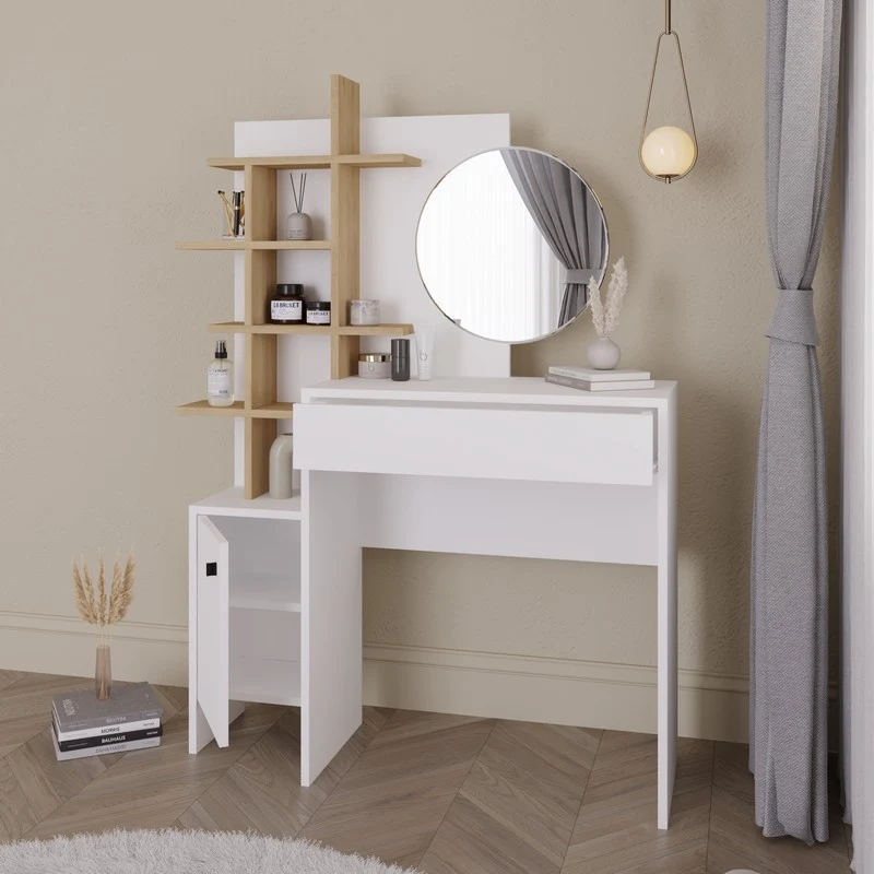 Freyja Tall Dressing Table Natural & White 1 Door 5 Shelves 1 Drawer - Image 3