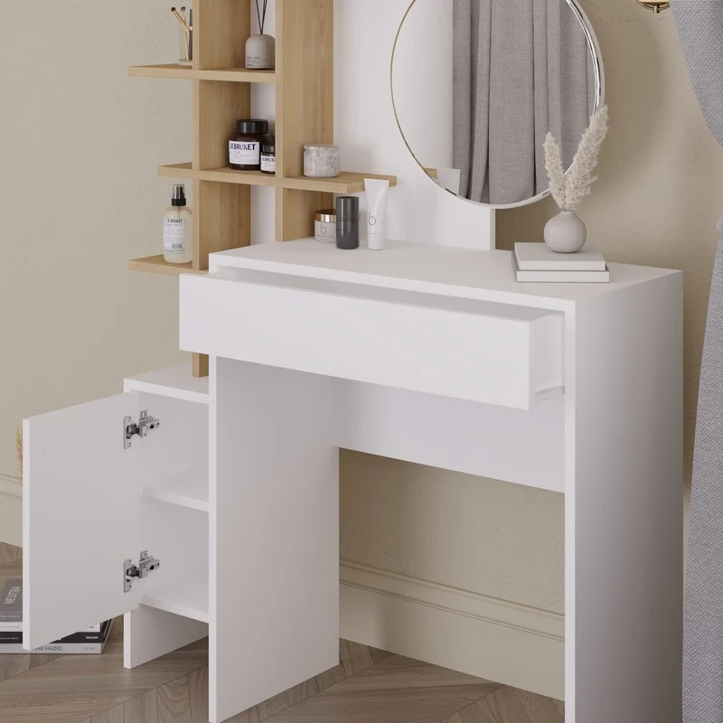 Freyja Tall Dressing Table Natural & White 1 Door 5 Shelves 1 Drawer - Image 6