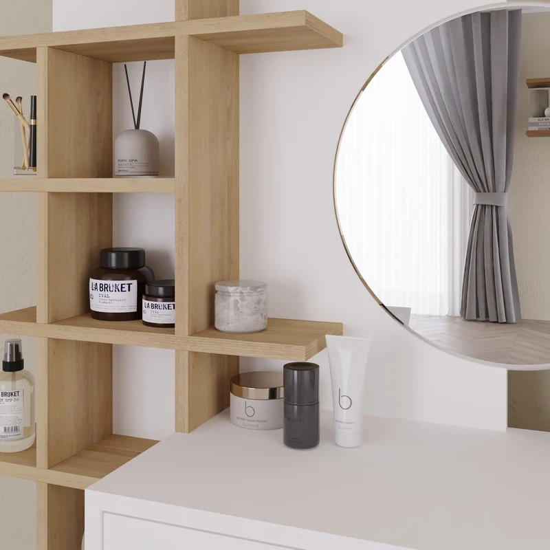 Freyja Tall Dressing Table Natural & White 1 Door 5 Shelves 1 Drawer - Image 7