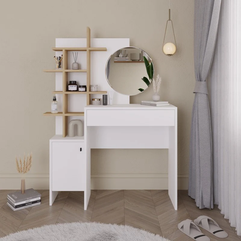 Freyja Tall Dressing Table Natural & White 1 Door 5 Shelves 1 Drawer - Image 8