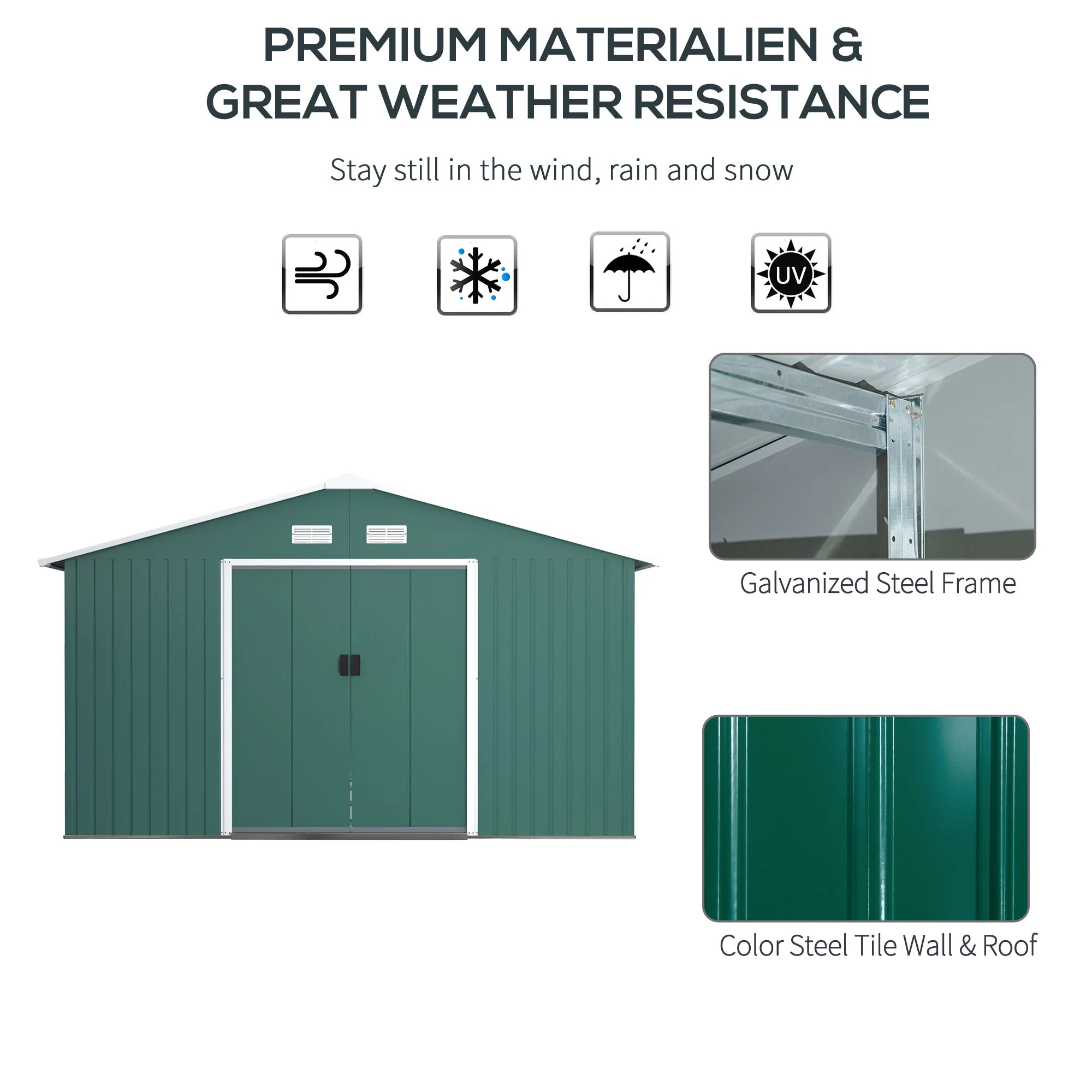 Galvanised 12.5 x 11' Sliding Double Door Apex Garden Shed Steel Green by Steadfast - Image 4