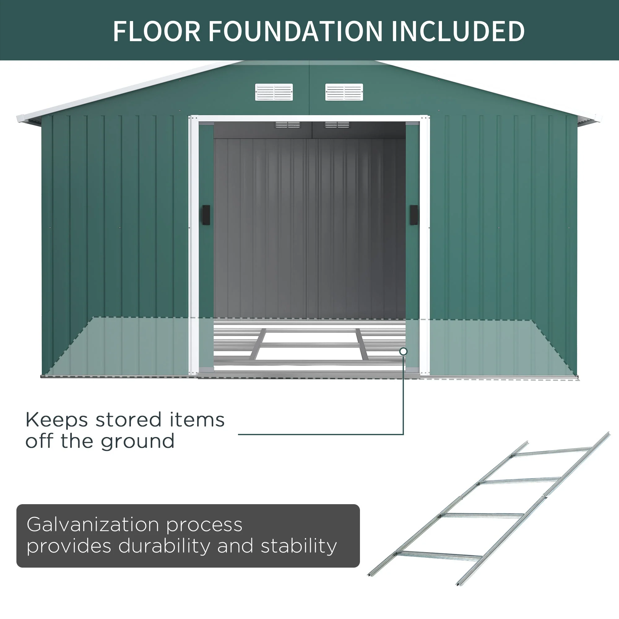 Galvanised 12.5 x 11' Sliding Double Door Apex Garden Shed Steel Green by Steadfast - Image 7