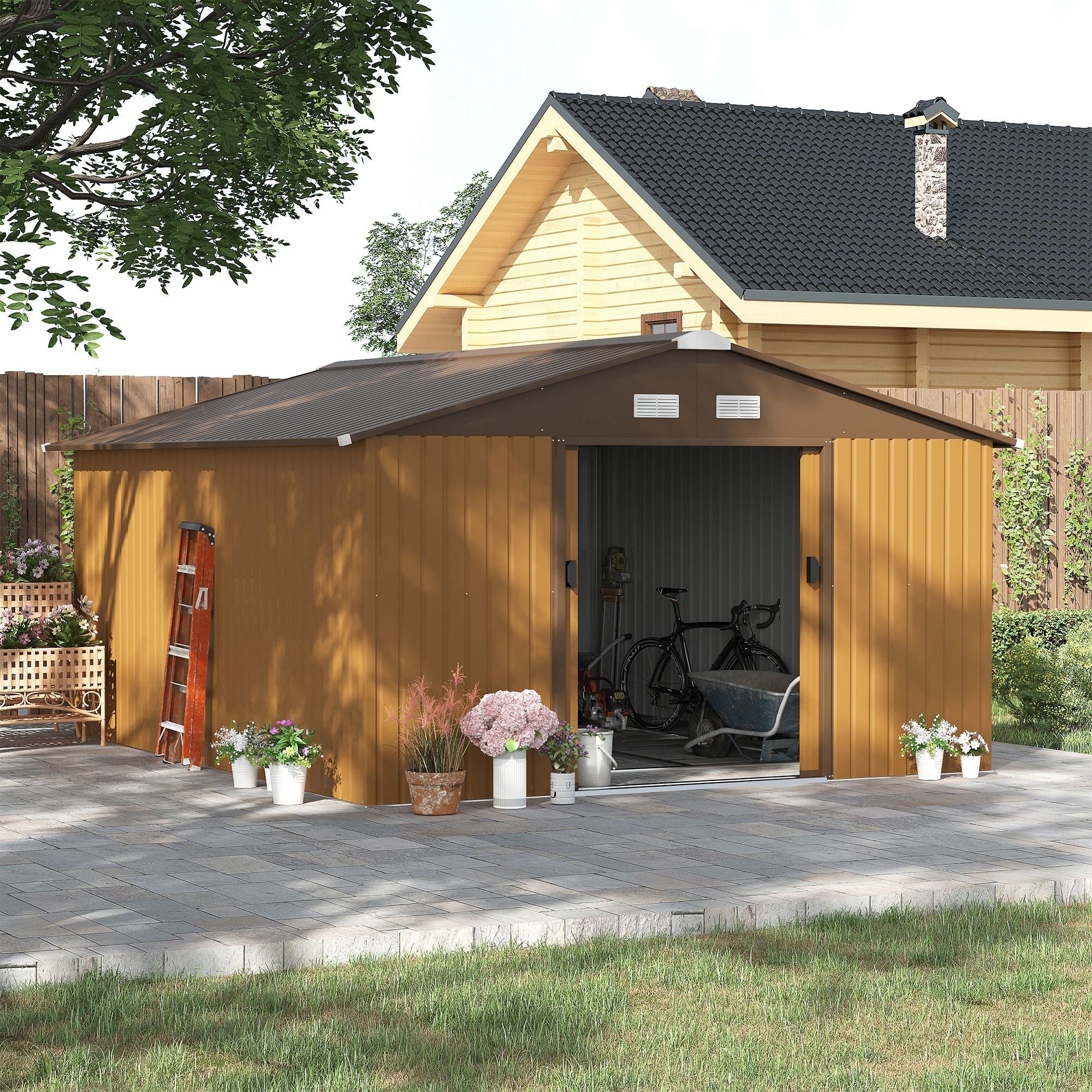 Galvanised 13 x 11' Sliding Double Door Apex Garden Shed With Ventilation Steel Light Brown by Steadfast - Image 2