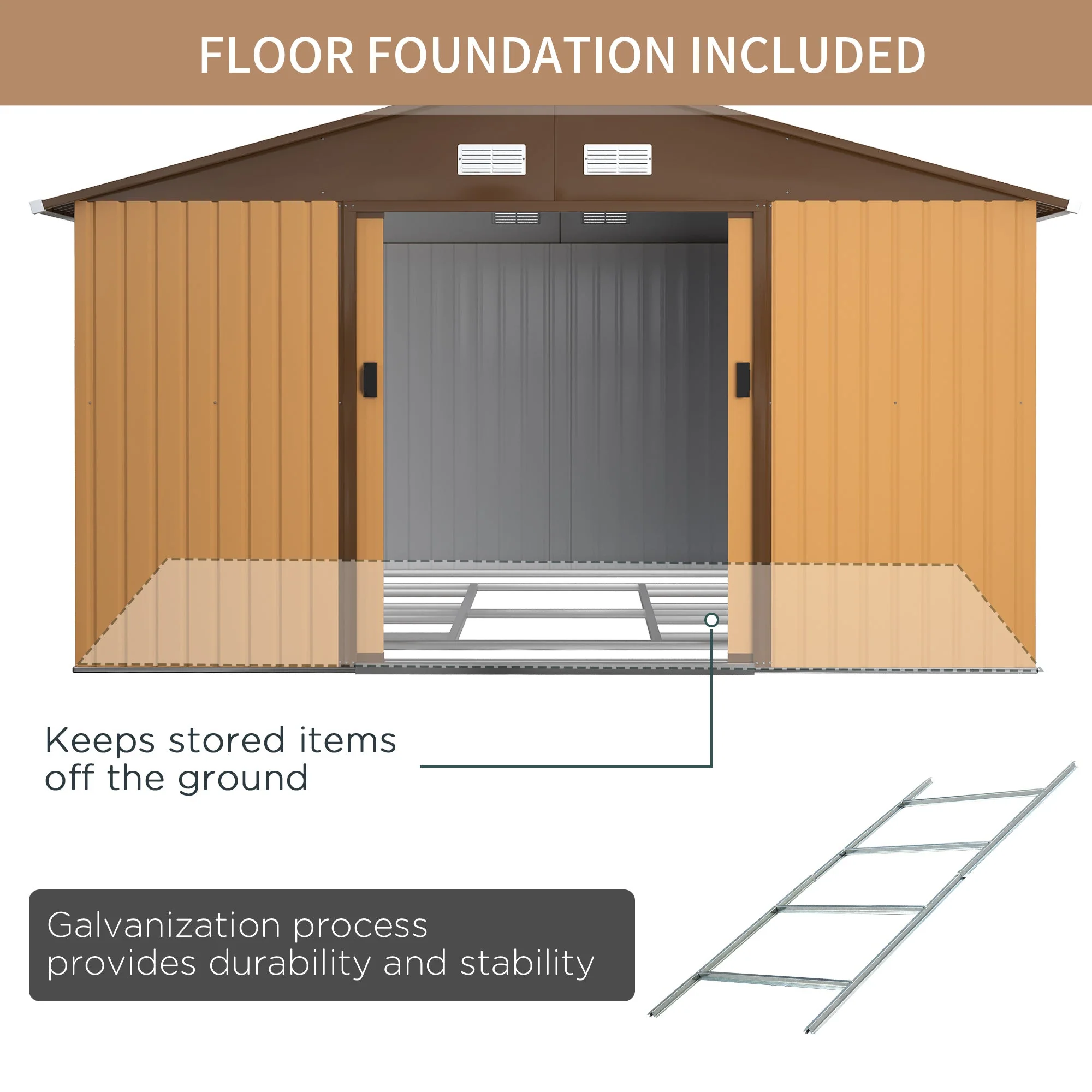 Galvanised 13 x 11' Sliding Double Door Apex Garden Shed With Ventilation Steel Light Brown by Steadfast - Image 7