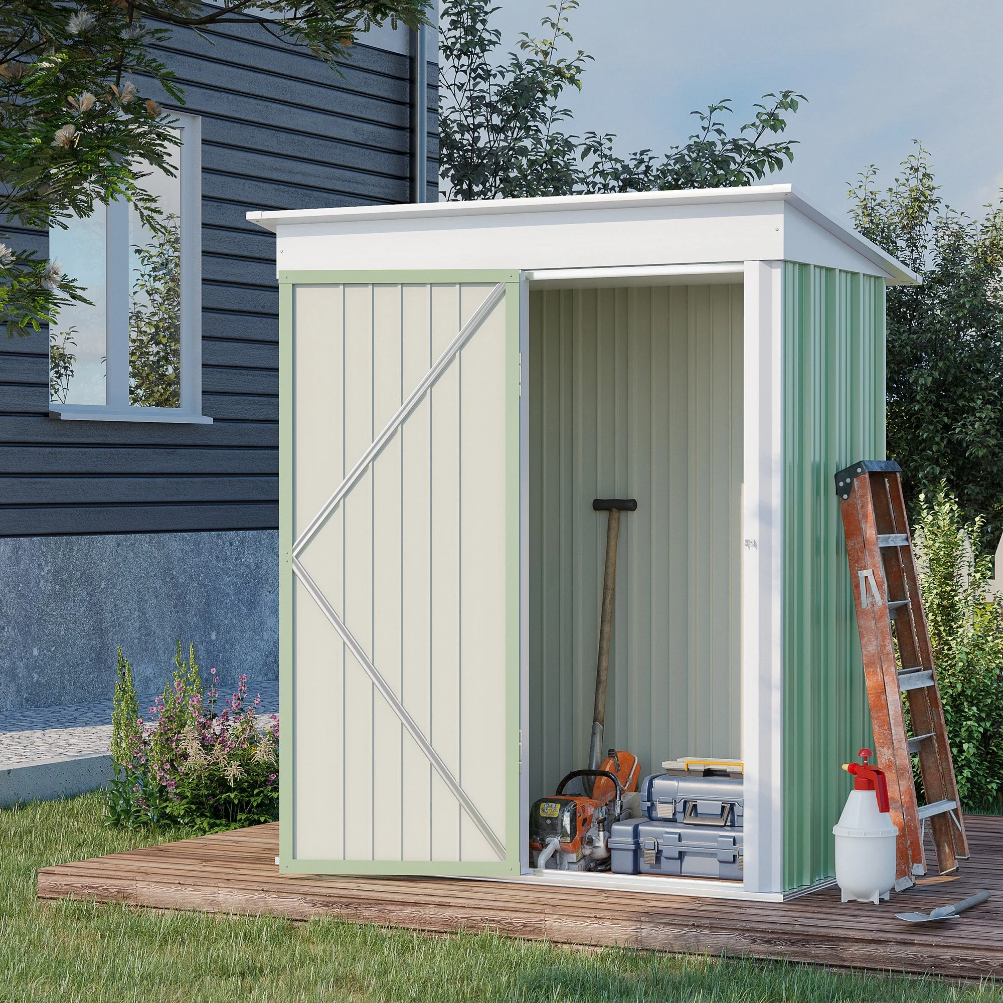Galvanised 5 x 3' Single Door Reverse Pent Garden Store Steel Green by Steadfast - Image 2