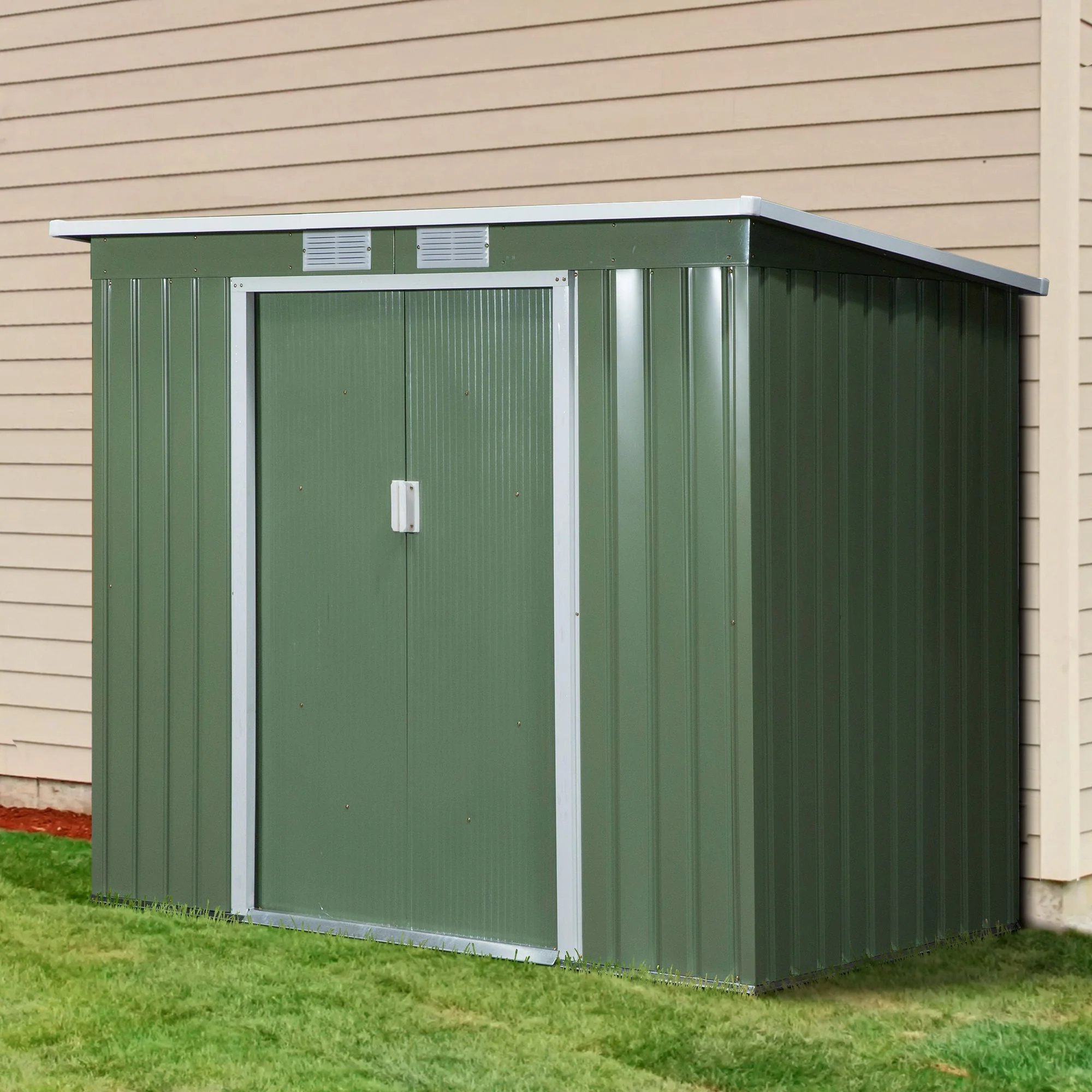 Galvanised 7 x 4' Double Door Pent Garden Store With Ventilation Steel Green by Steadfast - Image 2