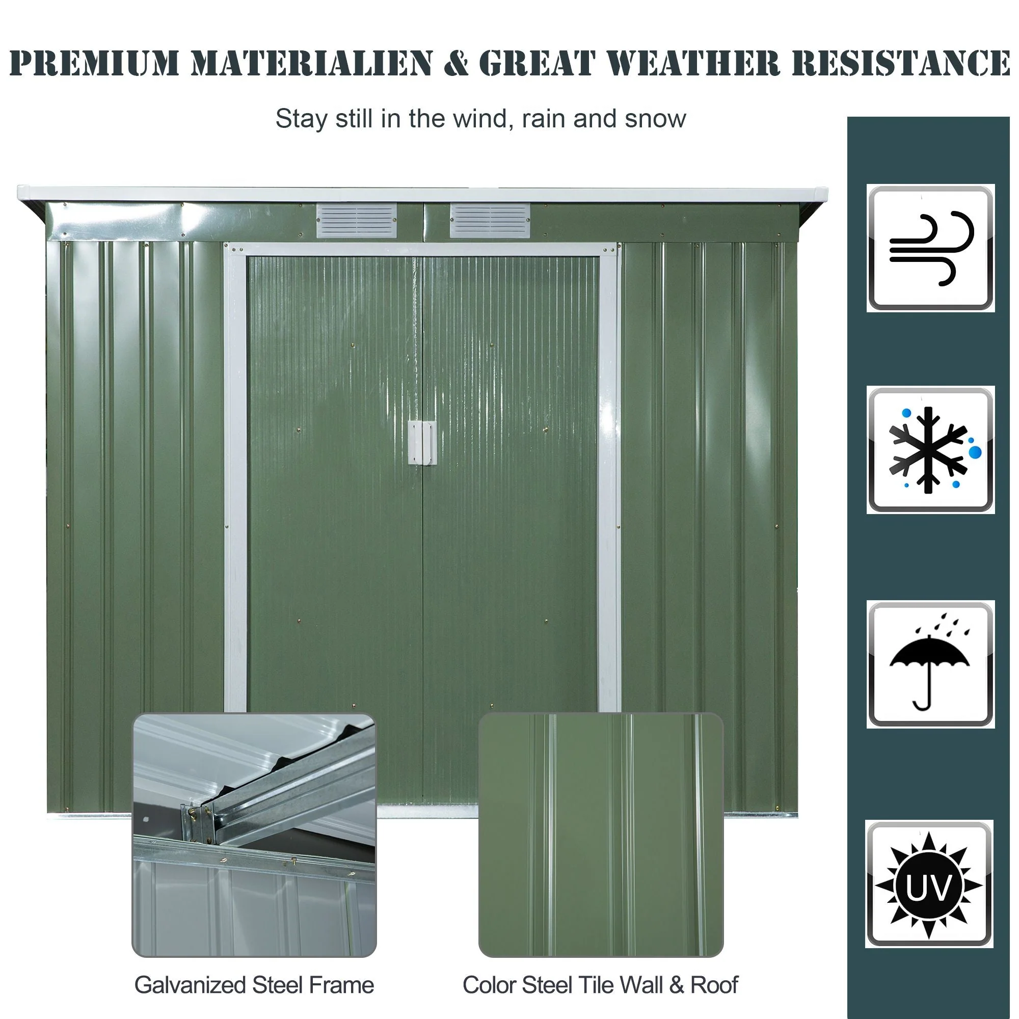 Galvanised 7 x 4' Double Door Pent Garden Store With Ventilation Steel Green by Steadfast - Image 6