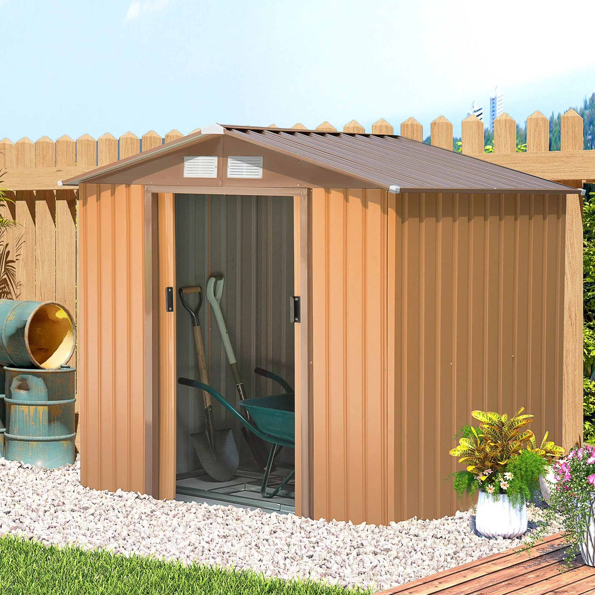 Galvanised 7 x 4' Double Door Apex Garden Shed Lockable Steel Light Brown by Steadfast - Image 2