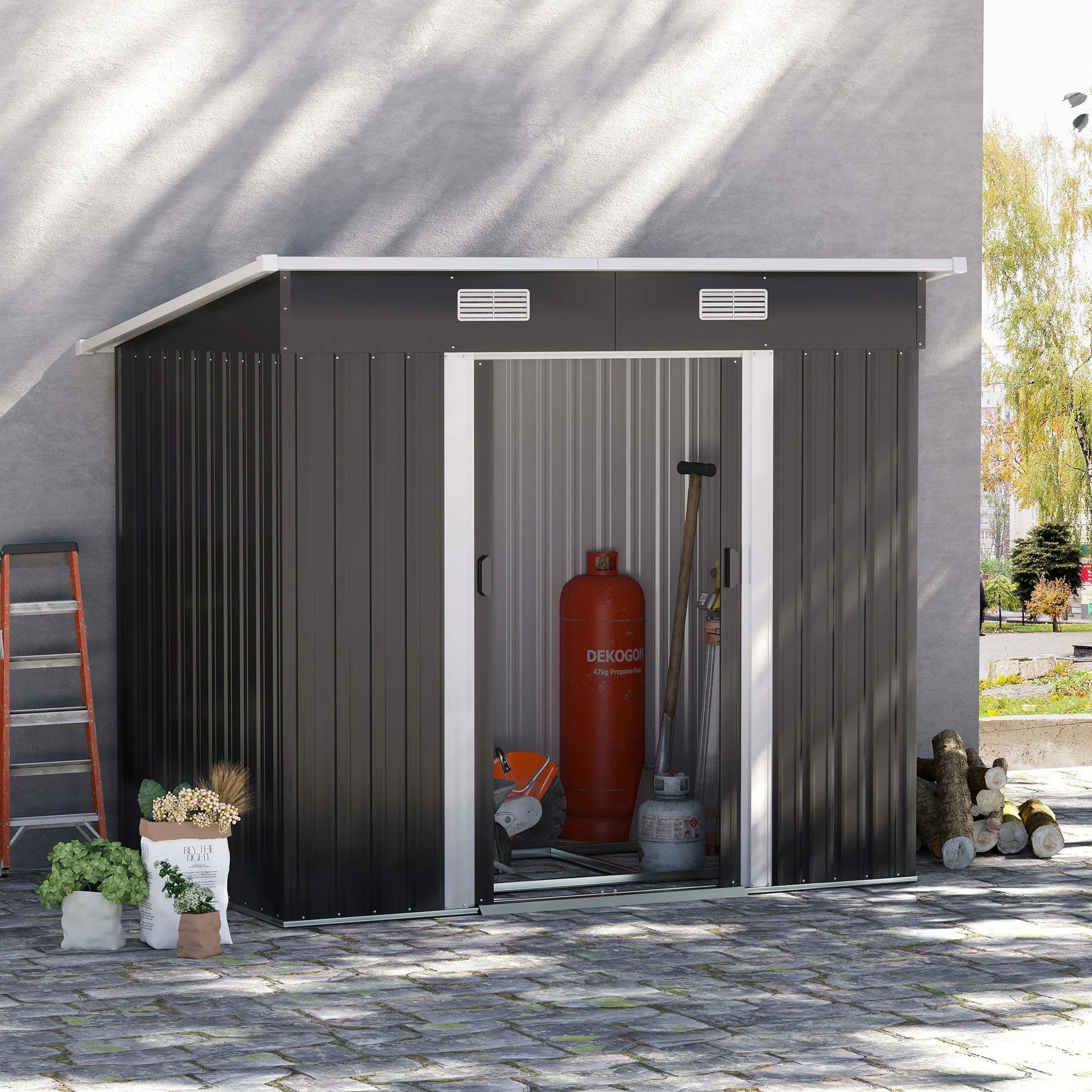 Galvanised 7 x4' Double Door Pent Garden Store Steel Black by Steadfast - Image 2